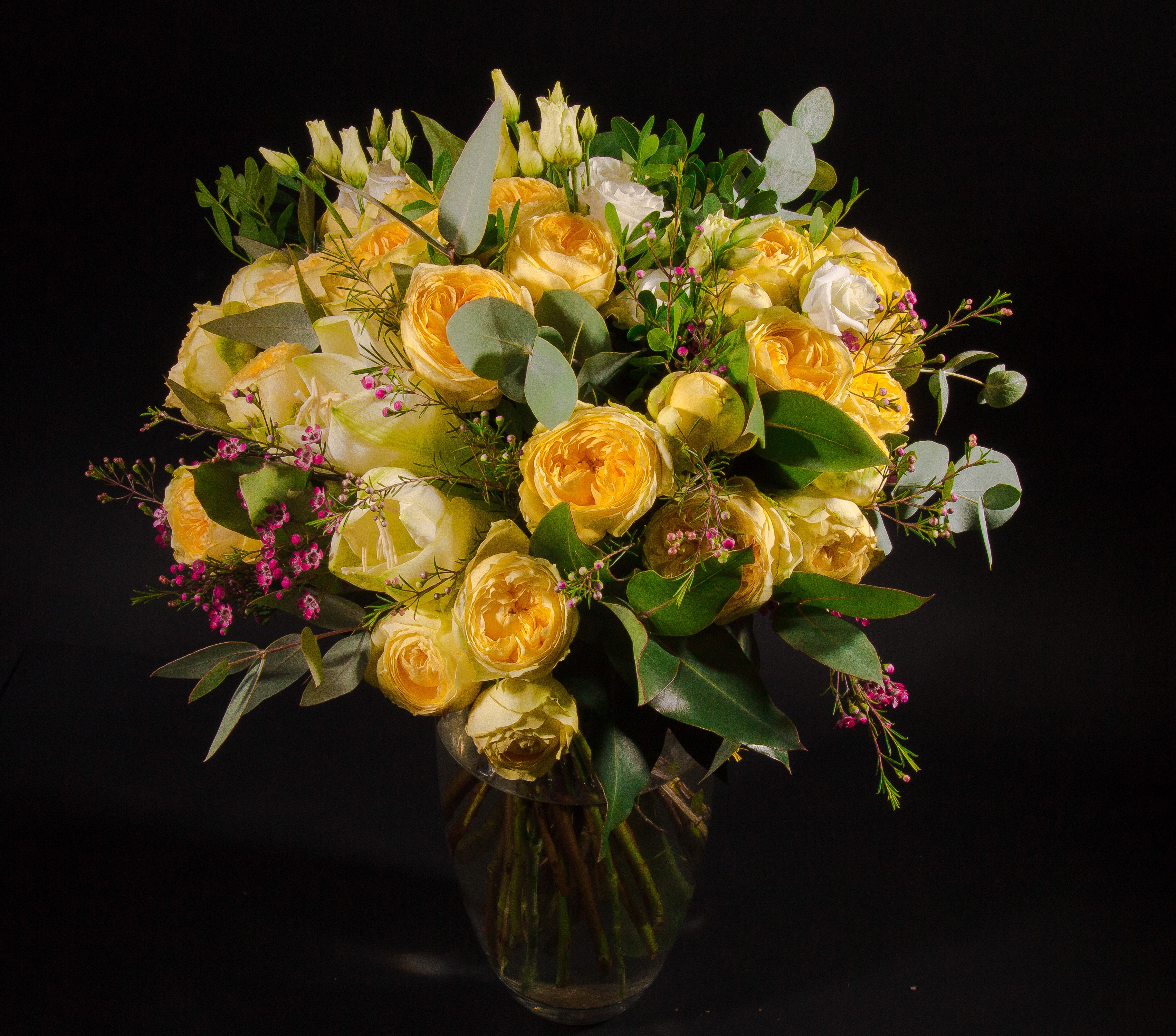 Yellow roses and white flowers in a vase HD Wallpaper