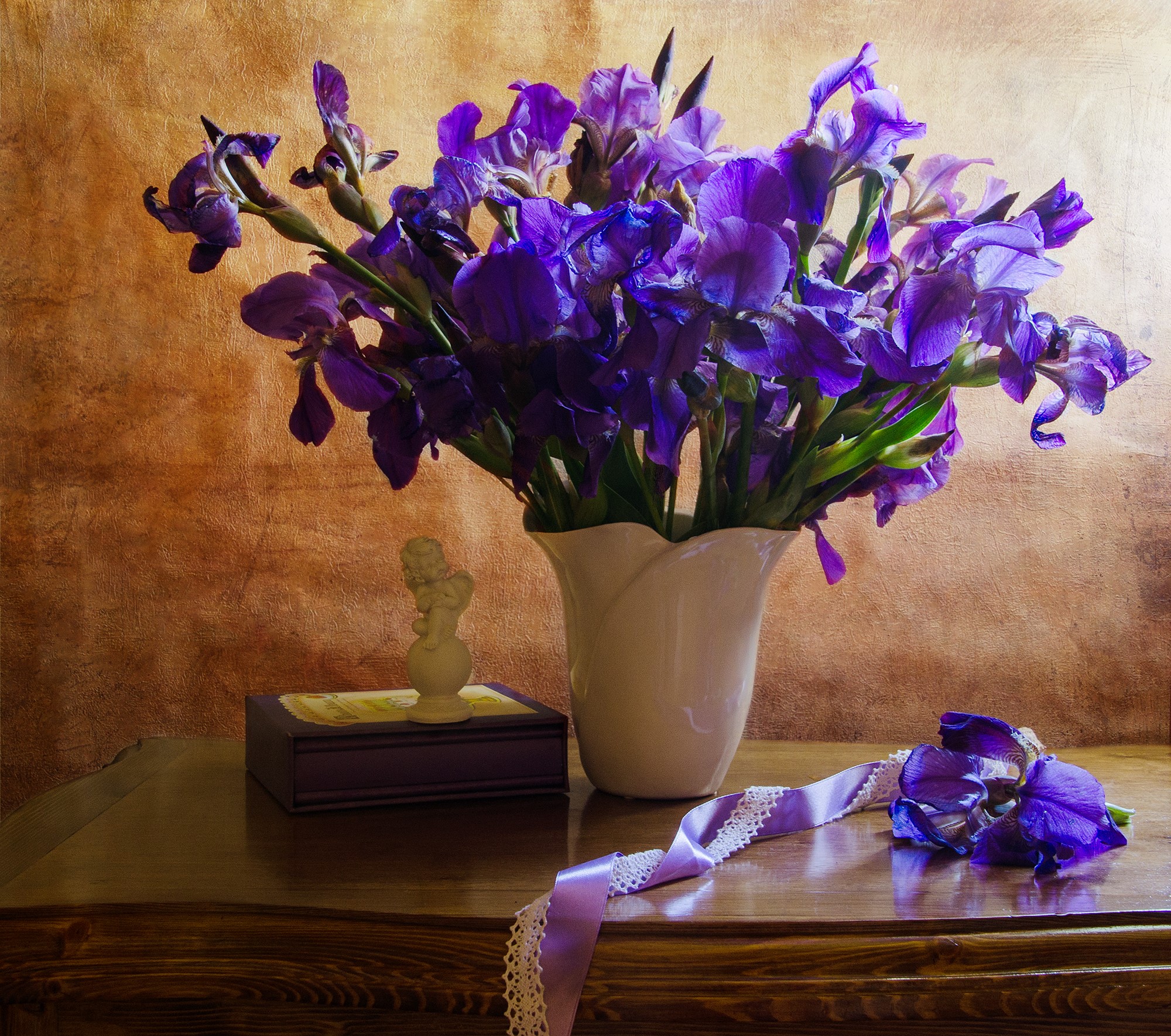 Purple Irises in a White Vase with a Decorative Box and Ribbon HD Wallpaper