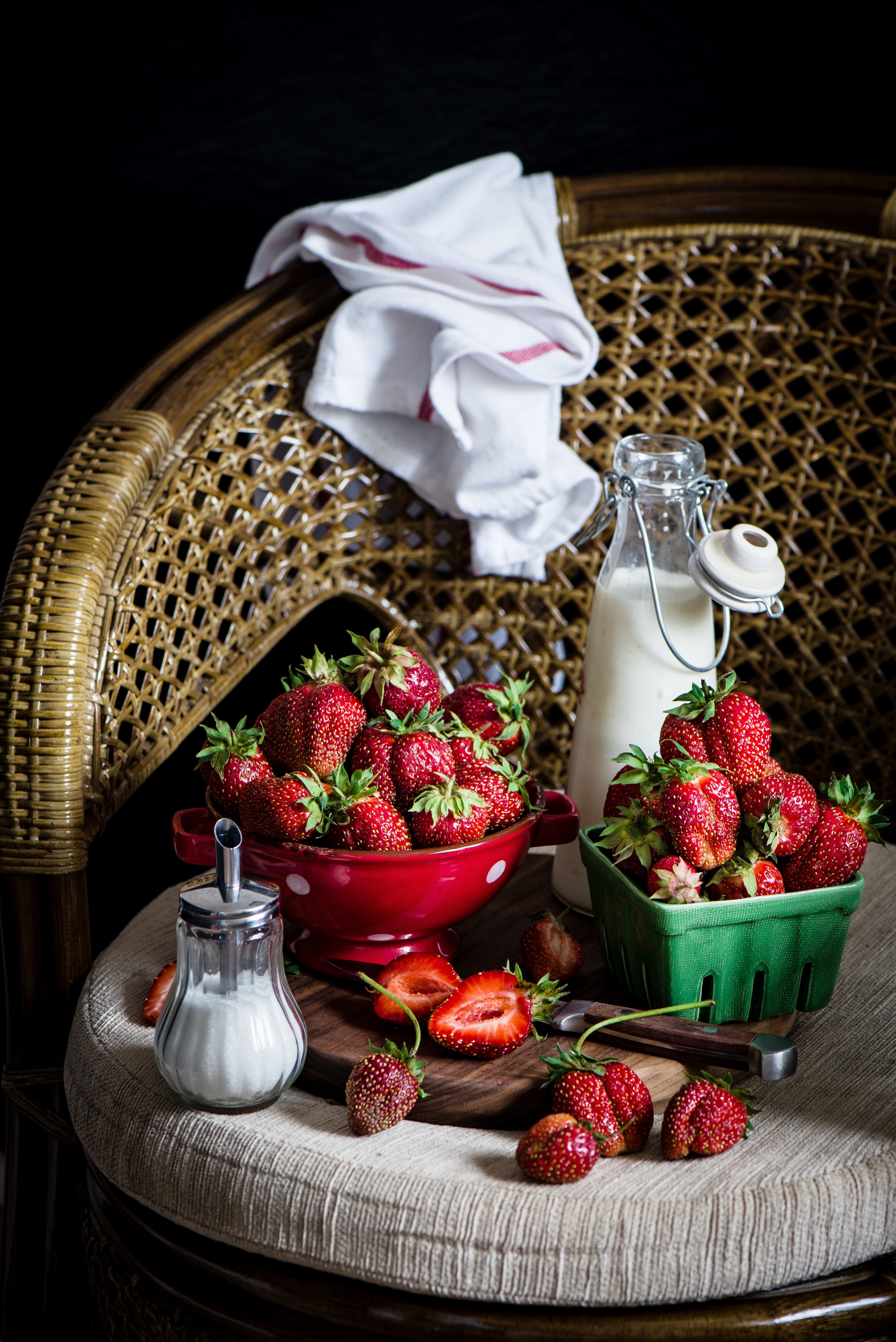 Strawberries and milk still life on a chair HD Phone Wallpaper