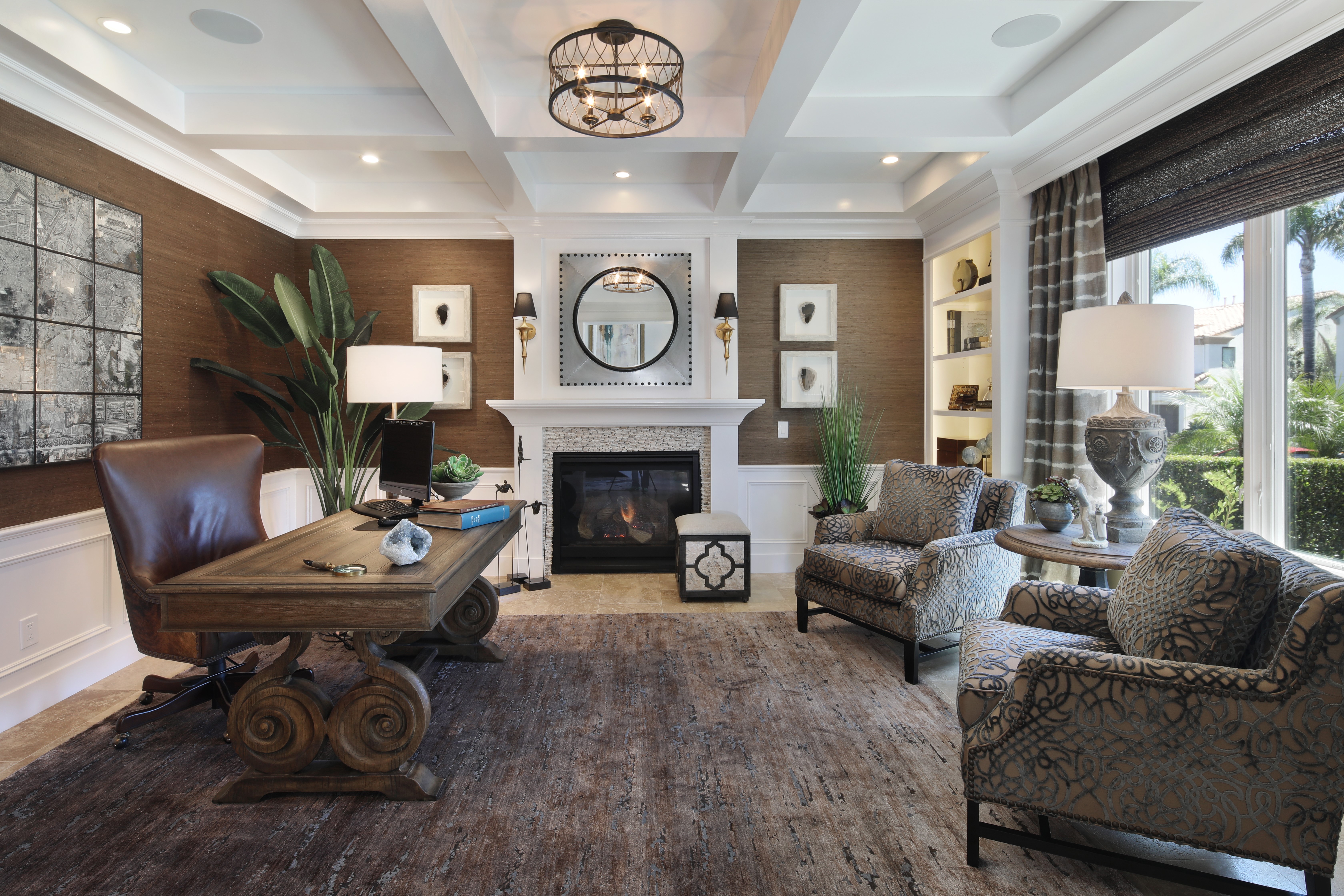 Luxury Home Office with Fireplace and Armchairs HD Wallpaper