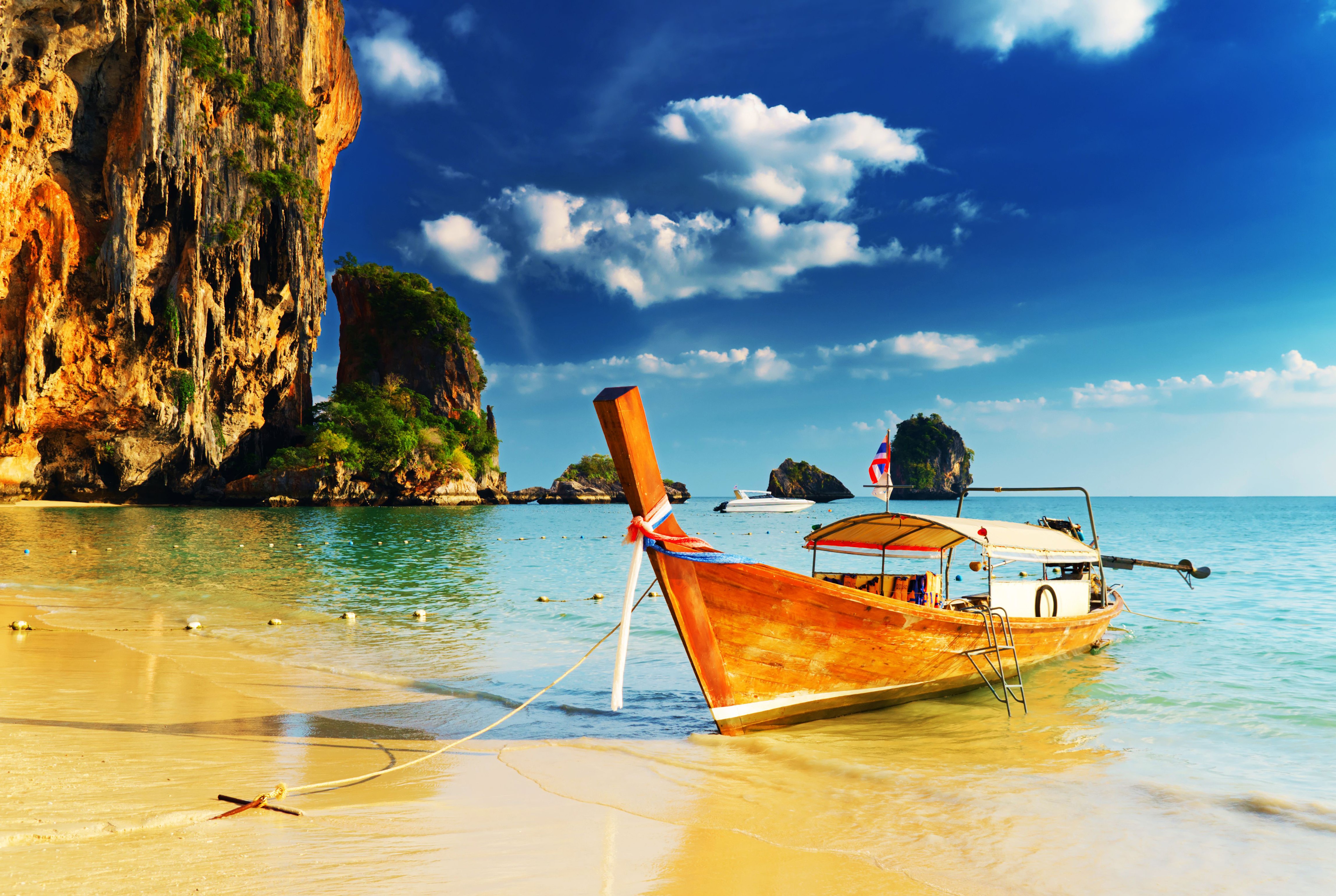 Longtail Boat on PhraNang Cave Beach, Thailand HD Wallpaper
