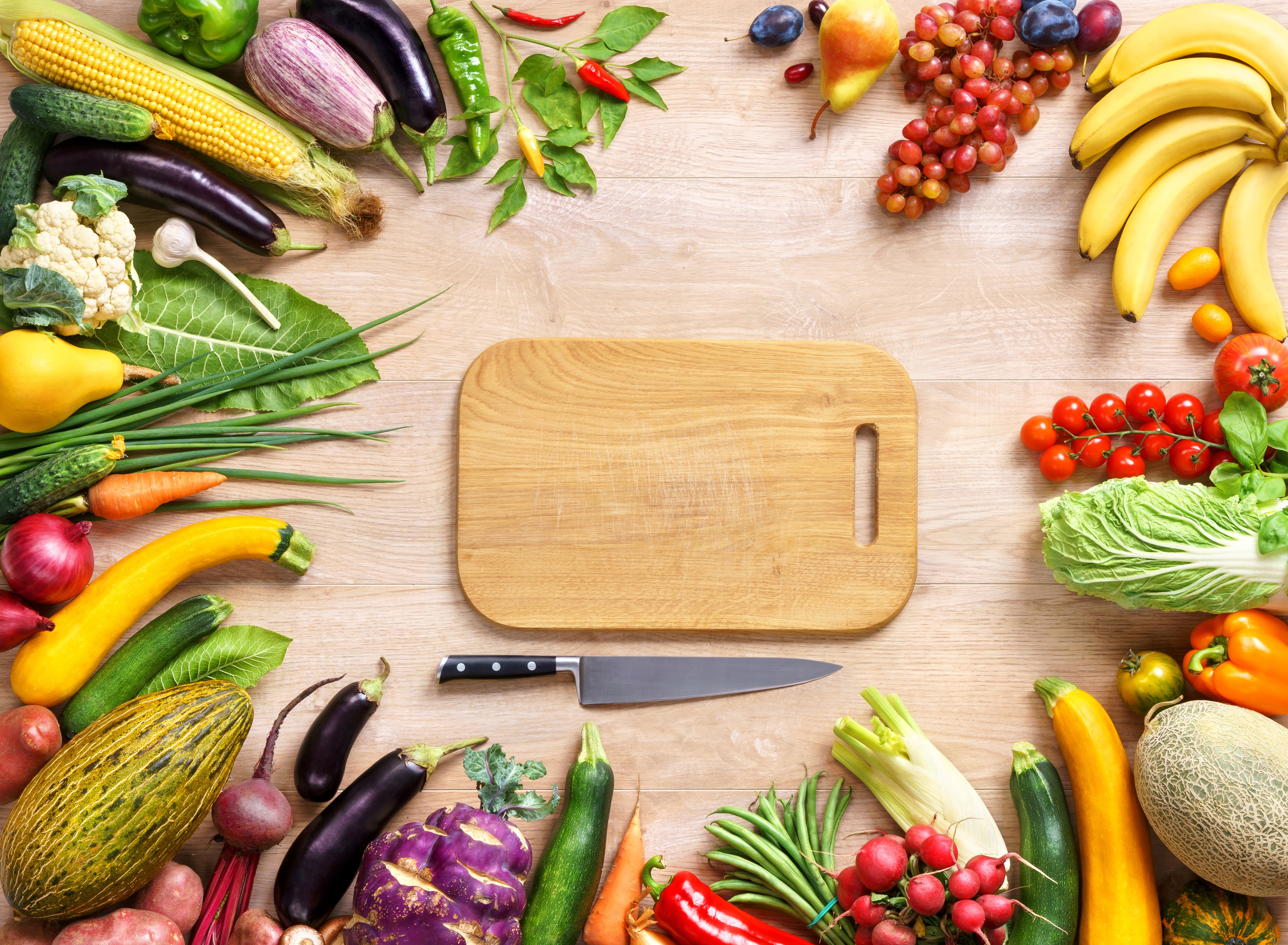 Vegetables and knife on cutting board HD Wallpaper