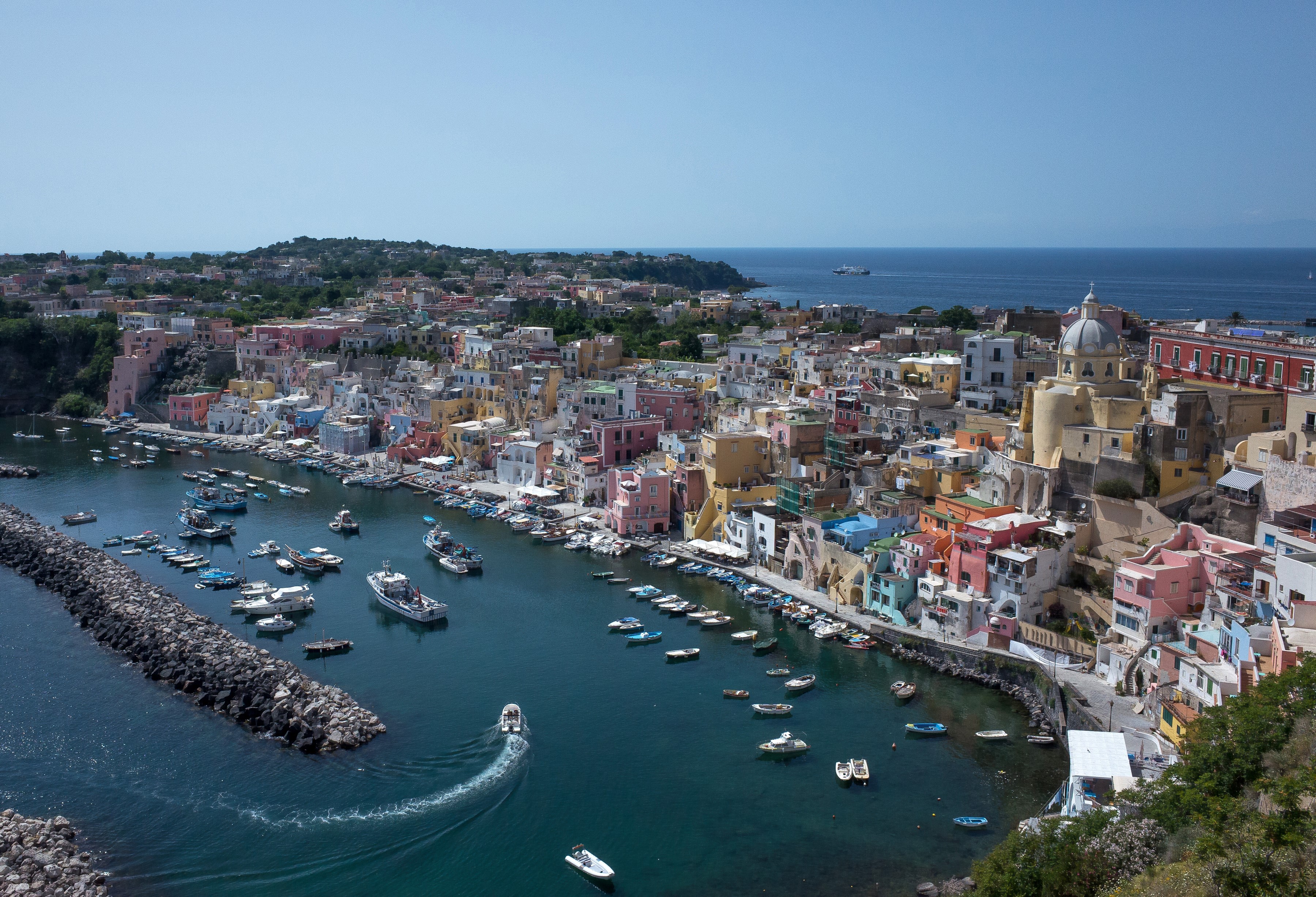 Procida, Campania, Gulf of Naples with colorful houses and boats HD Wallpaper