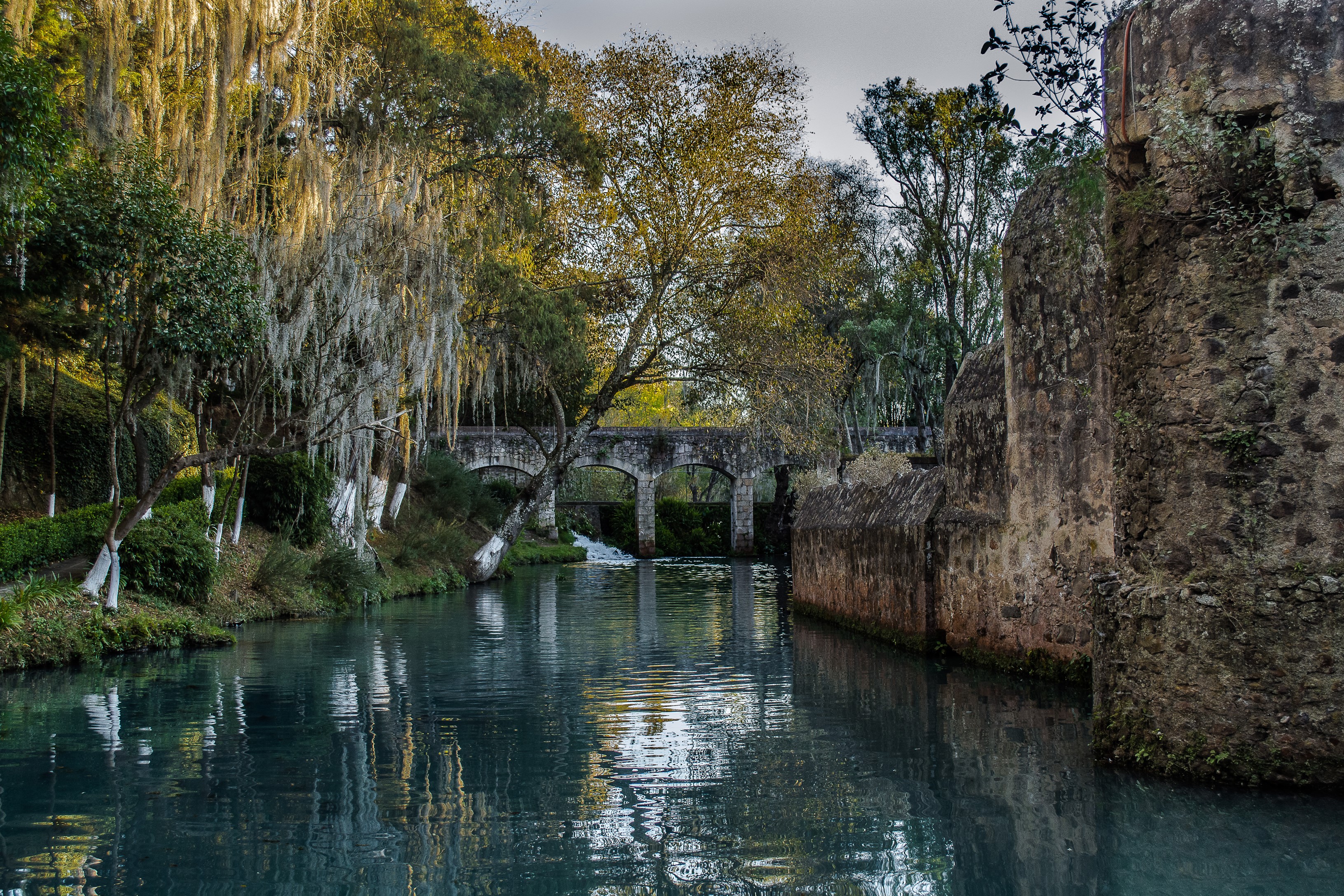 Stone bridge over a river with trees in Hidalgo, Mexico HD Wallpaper