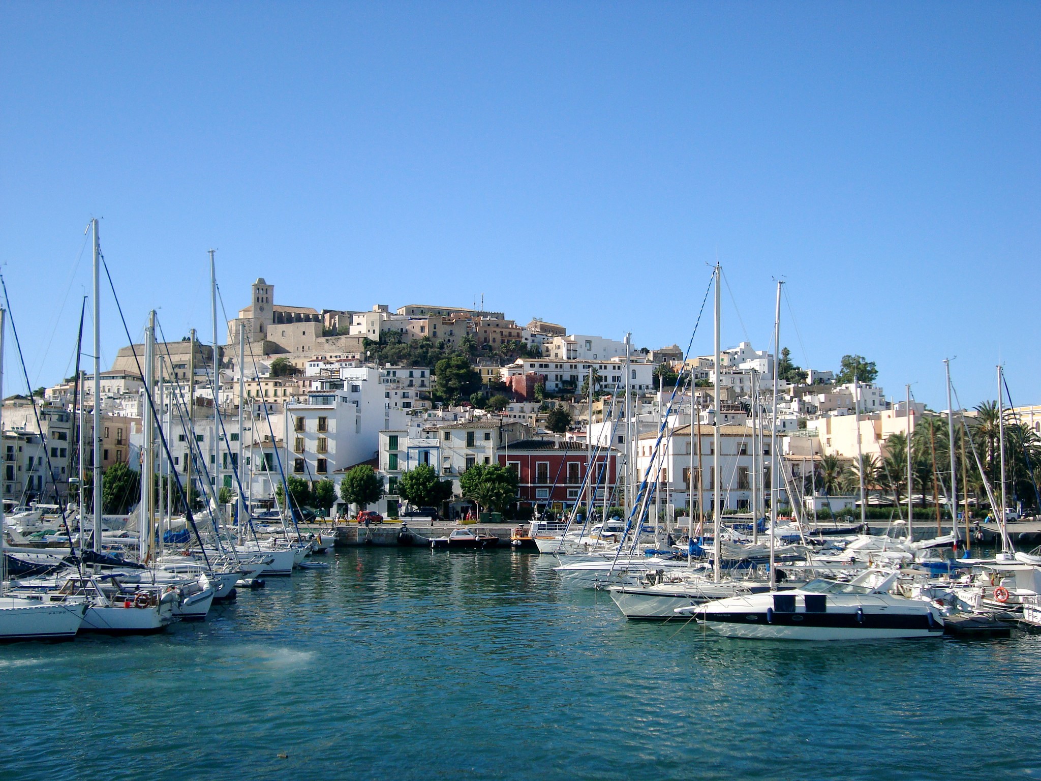 Ibiza Balearic Islands Spain Marina with Sailboats and Town HD Wallpaper