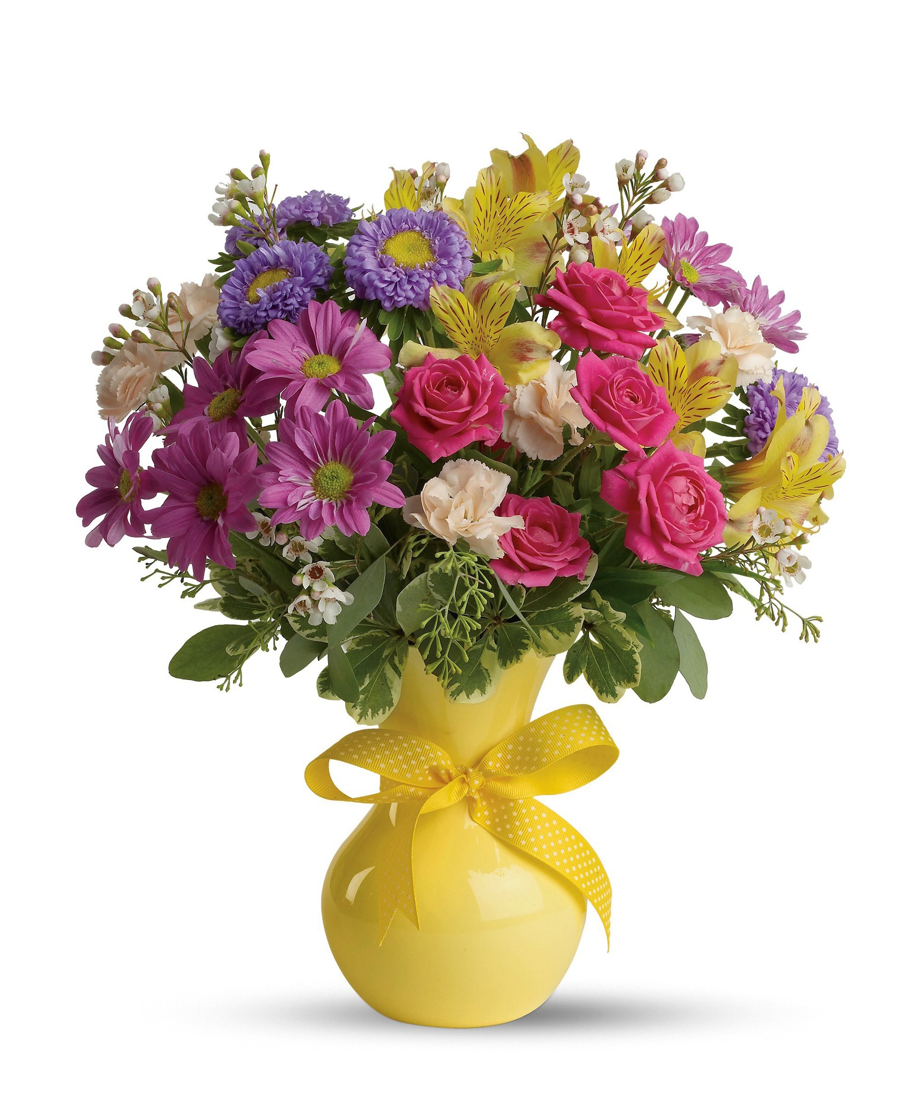 Bouquets Roses Asters Alstroemeria White Vase Bowknot HD Phone Wallpaper