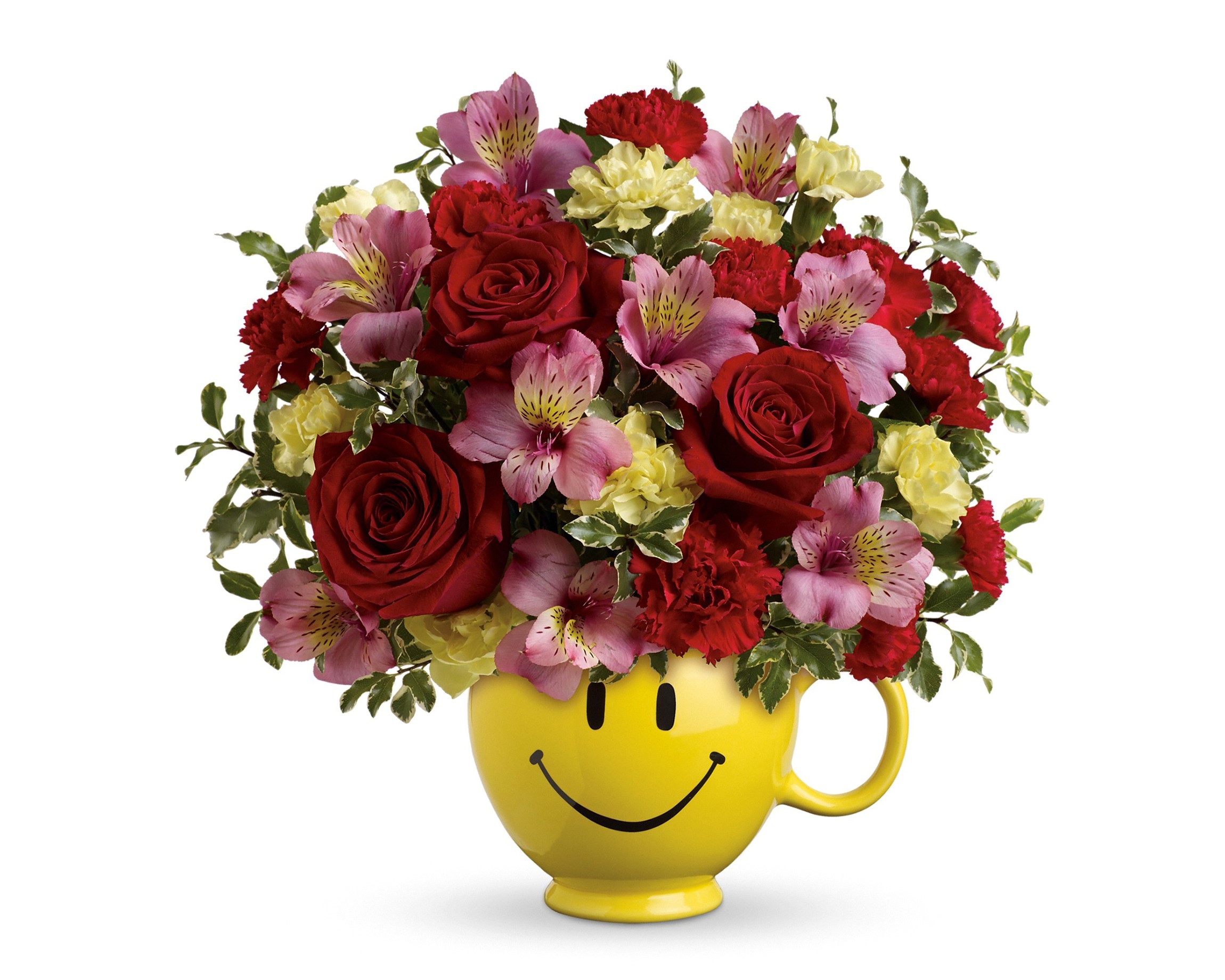 Bouquet of Roses and Alstroemeria in a Smiley Face Mug HD Wallpaper
