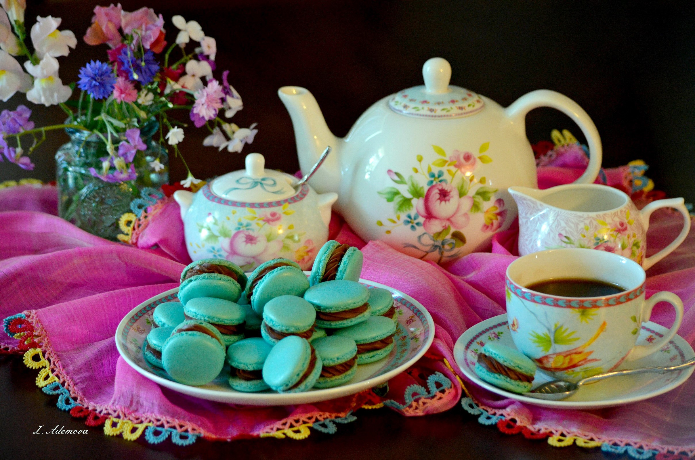 Still life with tea set and macarons HD Wallpaper