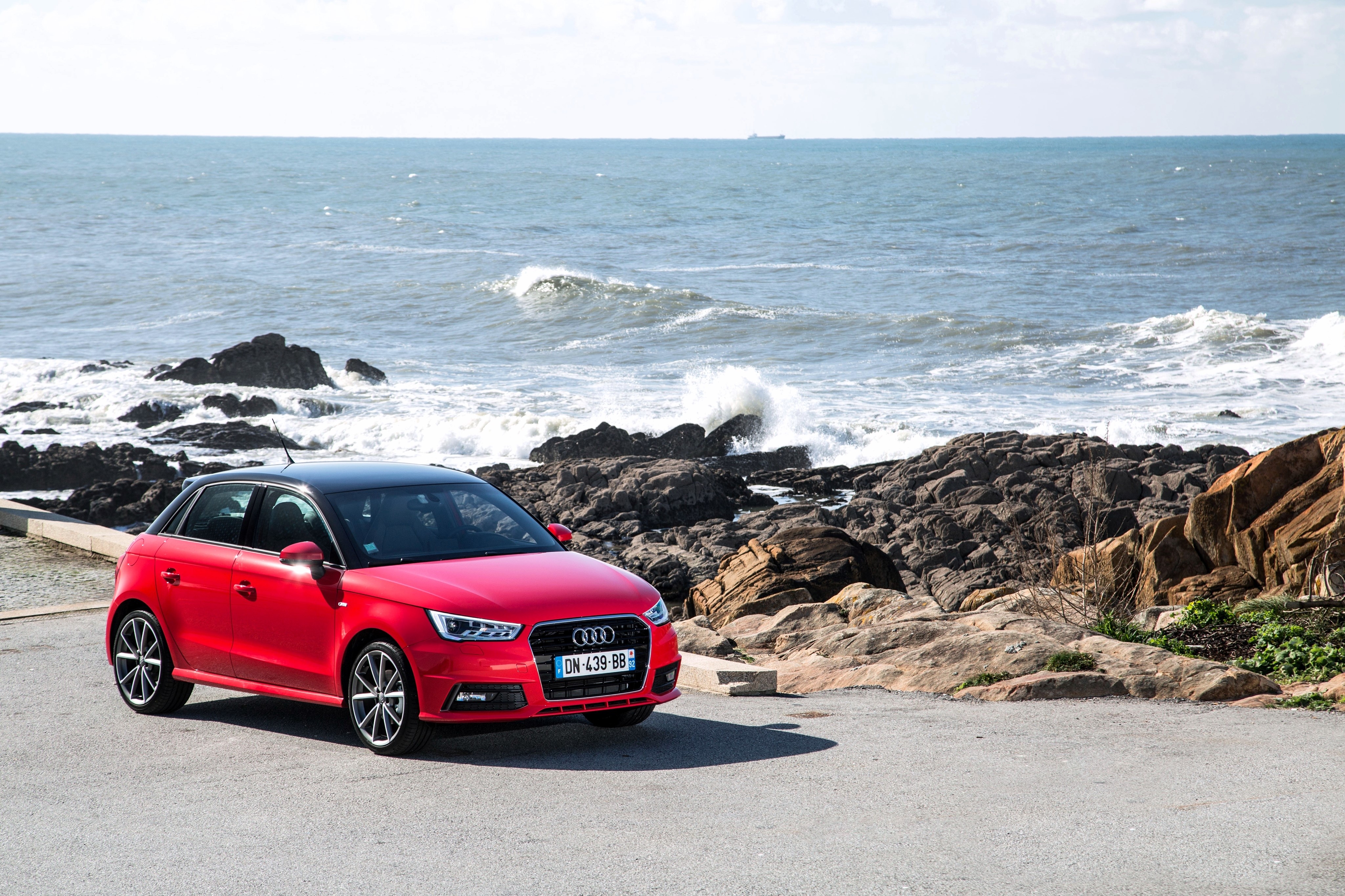 Red Audi A1 TFSI Sportback 2014 S line by the sea HD Wallpaper