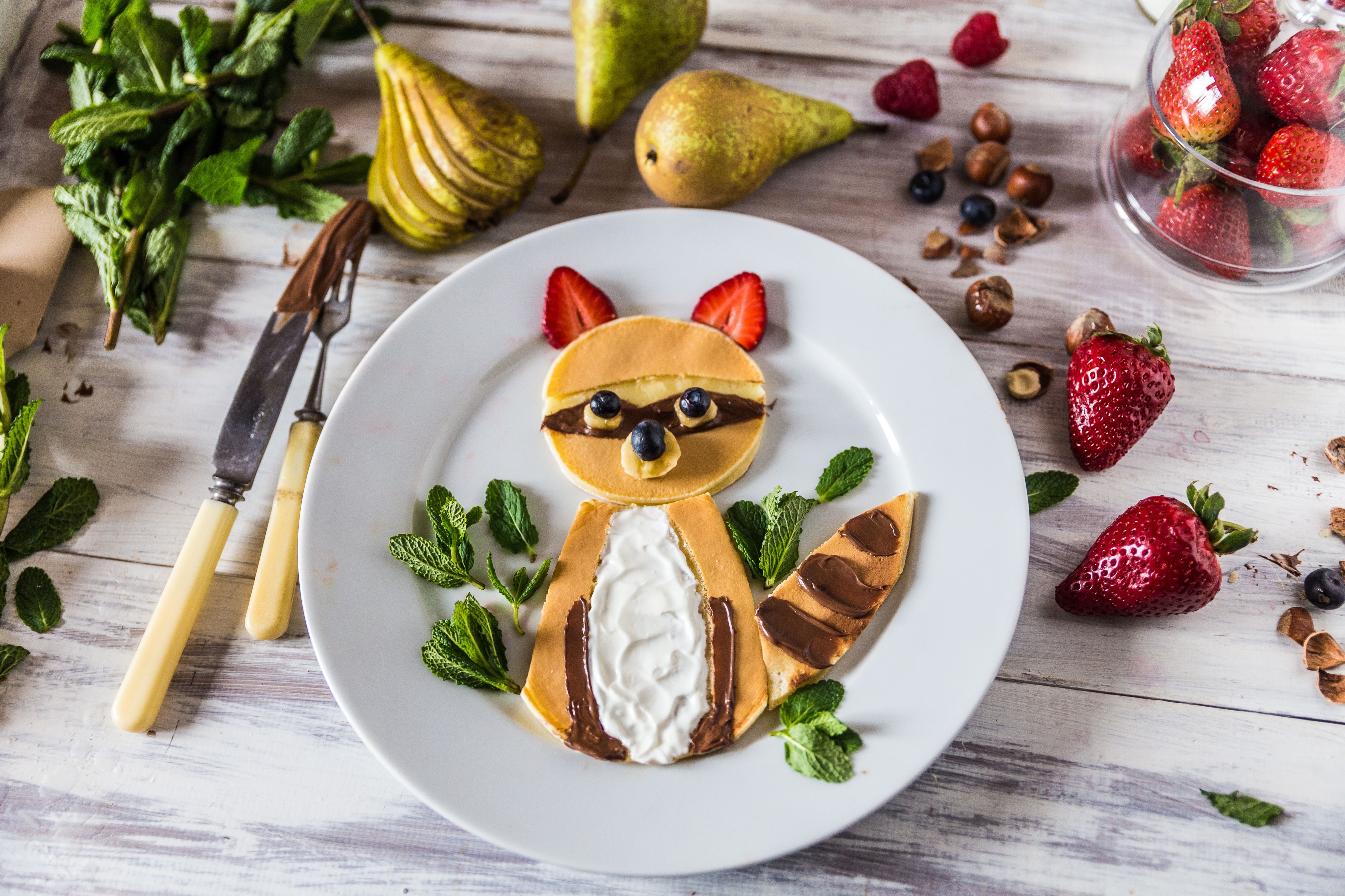 Pancake Raccoon with Strawberries and Pears HD Wallpaper
