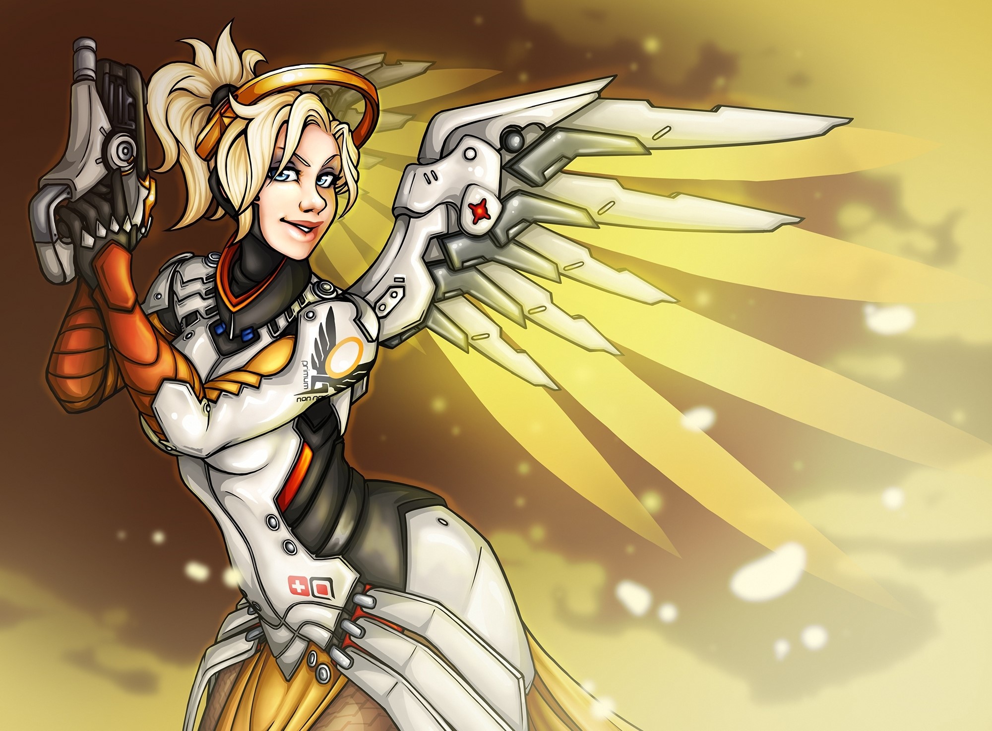 Mercy from Overwatch holding a pistol HD Wallpaper