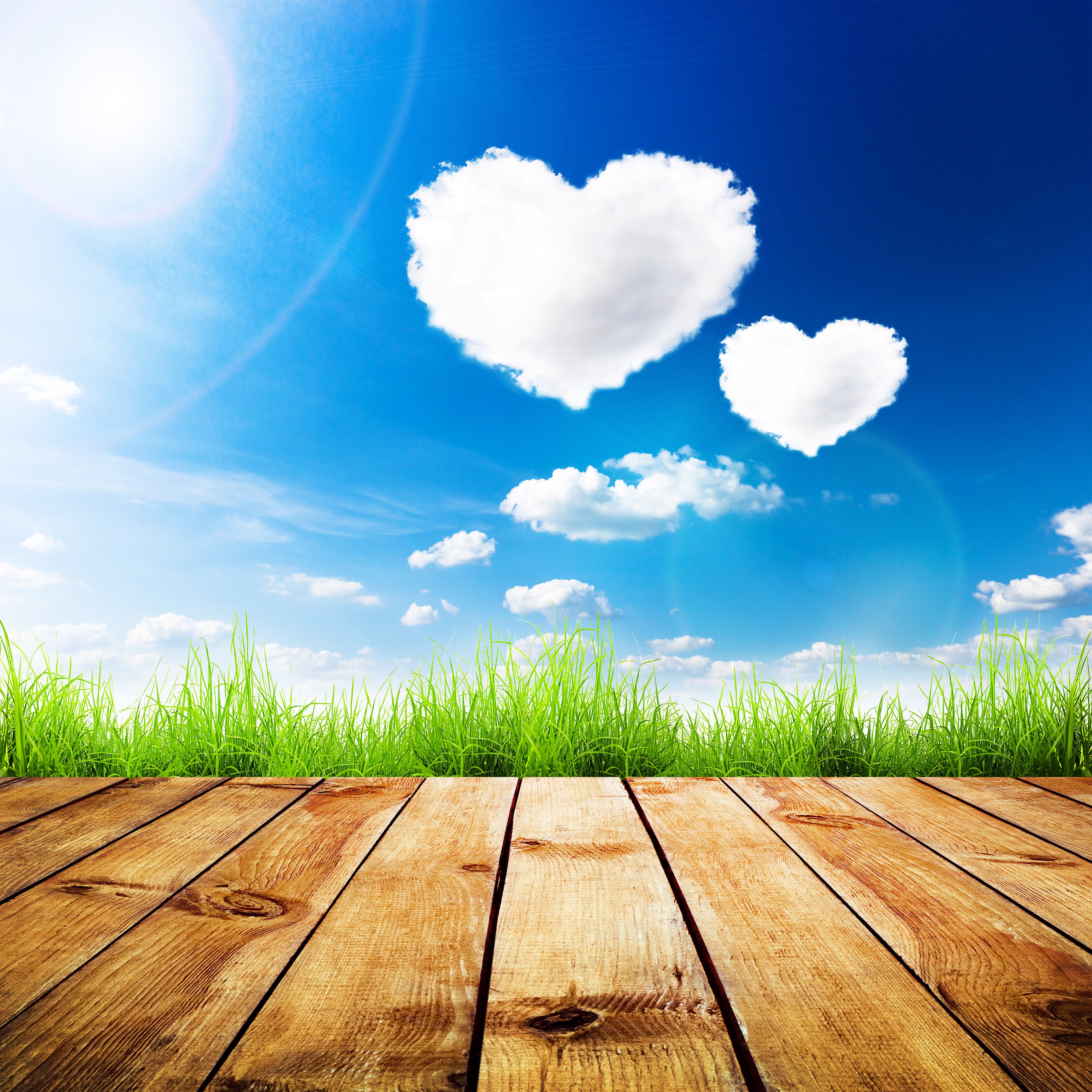 Heart Clouds Over Green Grass and Wood Planks HD Wallpaper