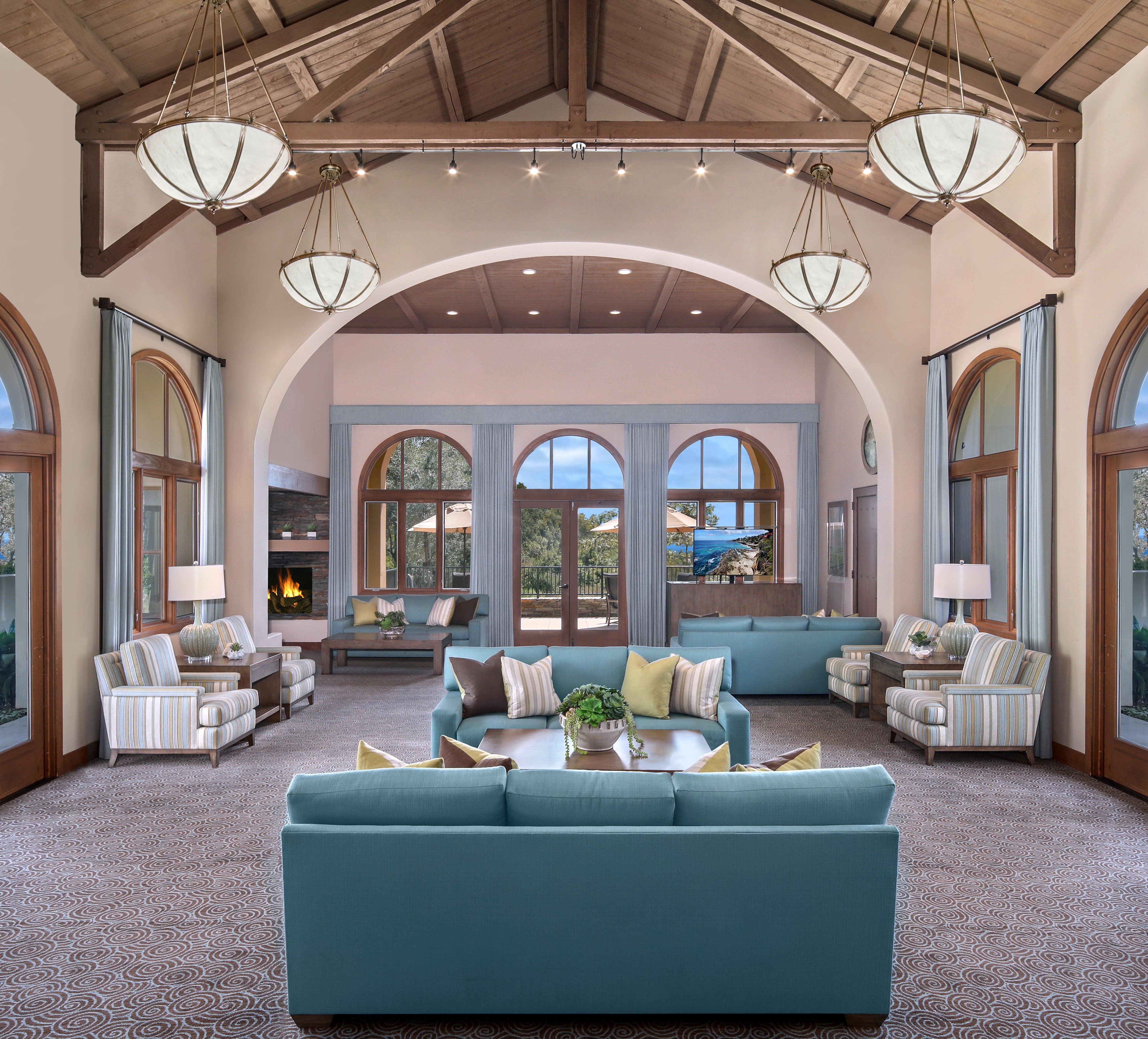 Living room with sofas, armchairs, and chandeliers HD Wallpaper
