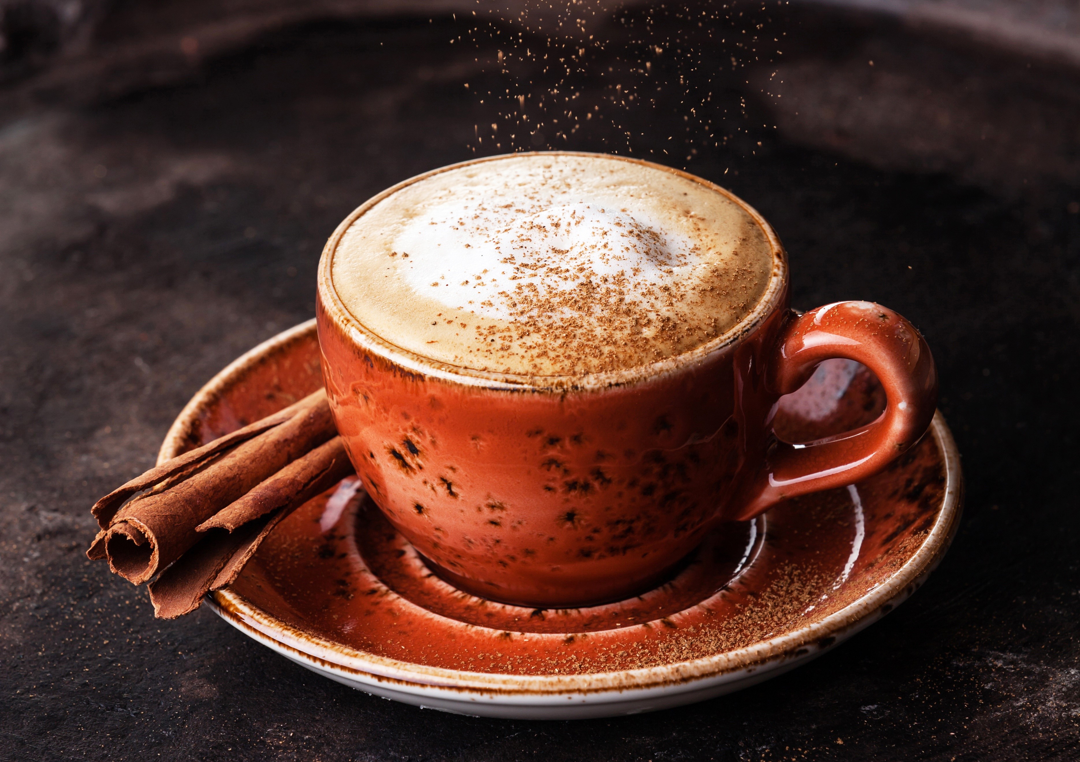 Cappuccino with cinnamon and cinnamon sticks HD Wallpaper