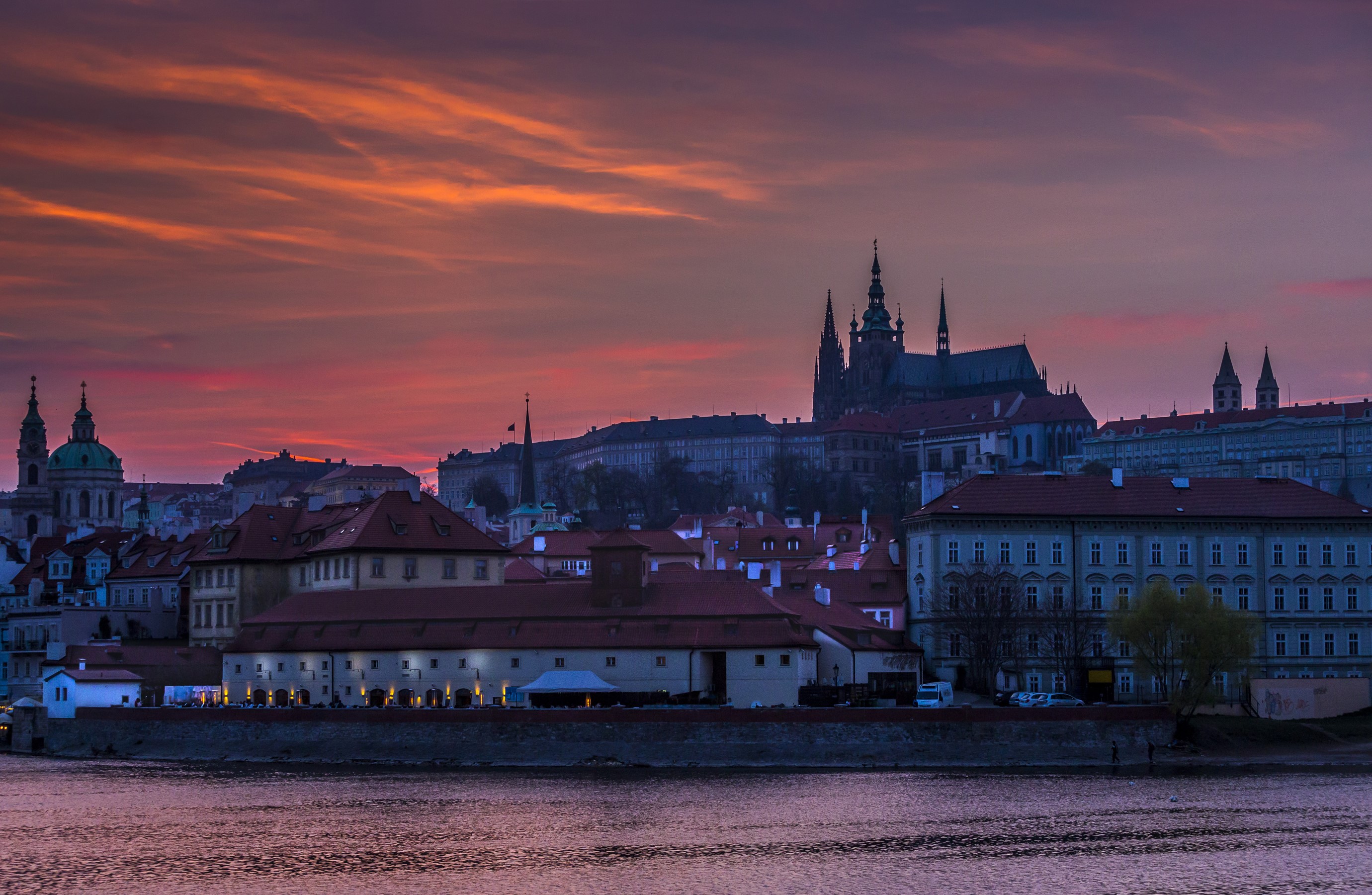 Prague Castle and Old Town at Sunset over River HD Wallpaper