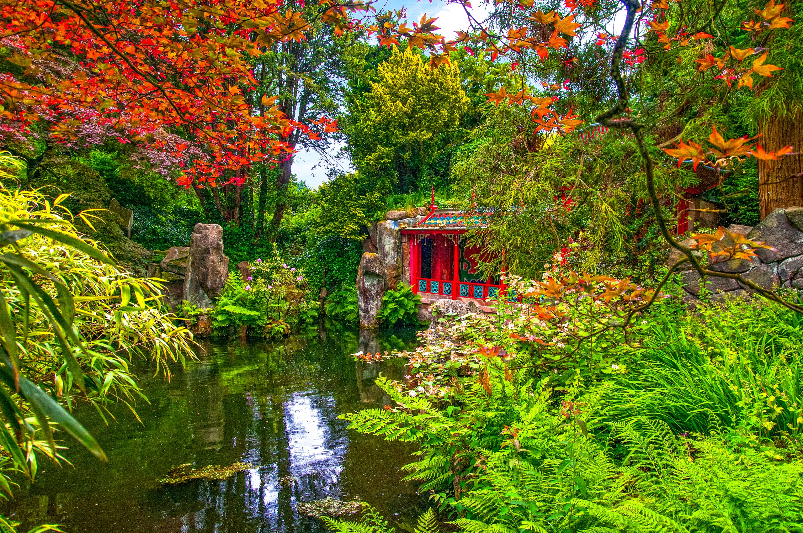 Biddulph Grange Garden, United Kingdom, Pond with Pagoda HD Wallpaper