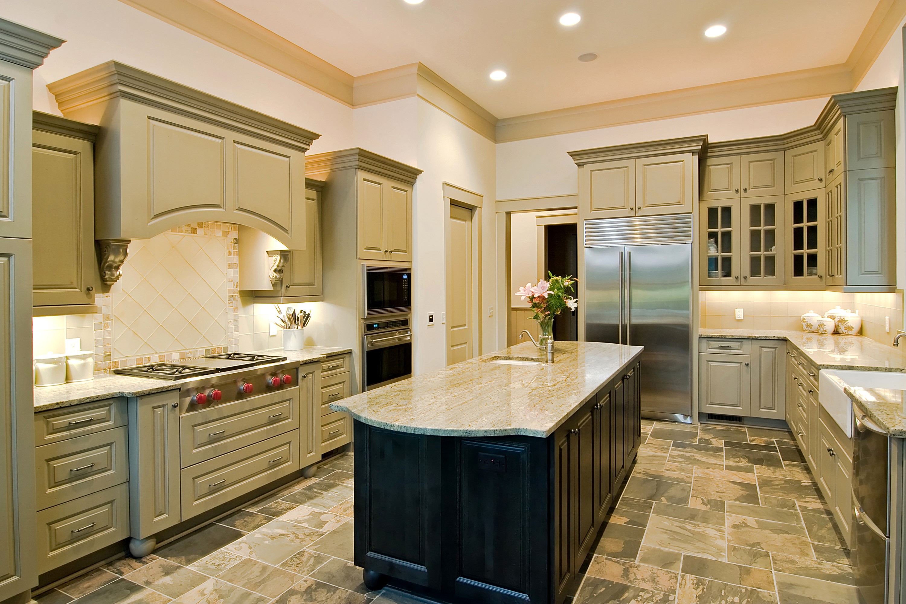 Luxury kitchen with island and stainless steel appliances HD Wallpaper