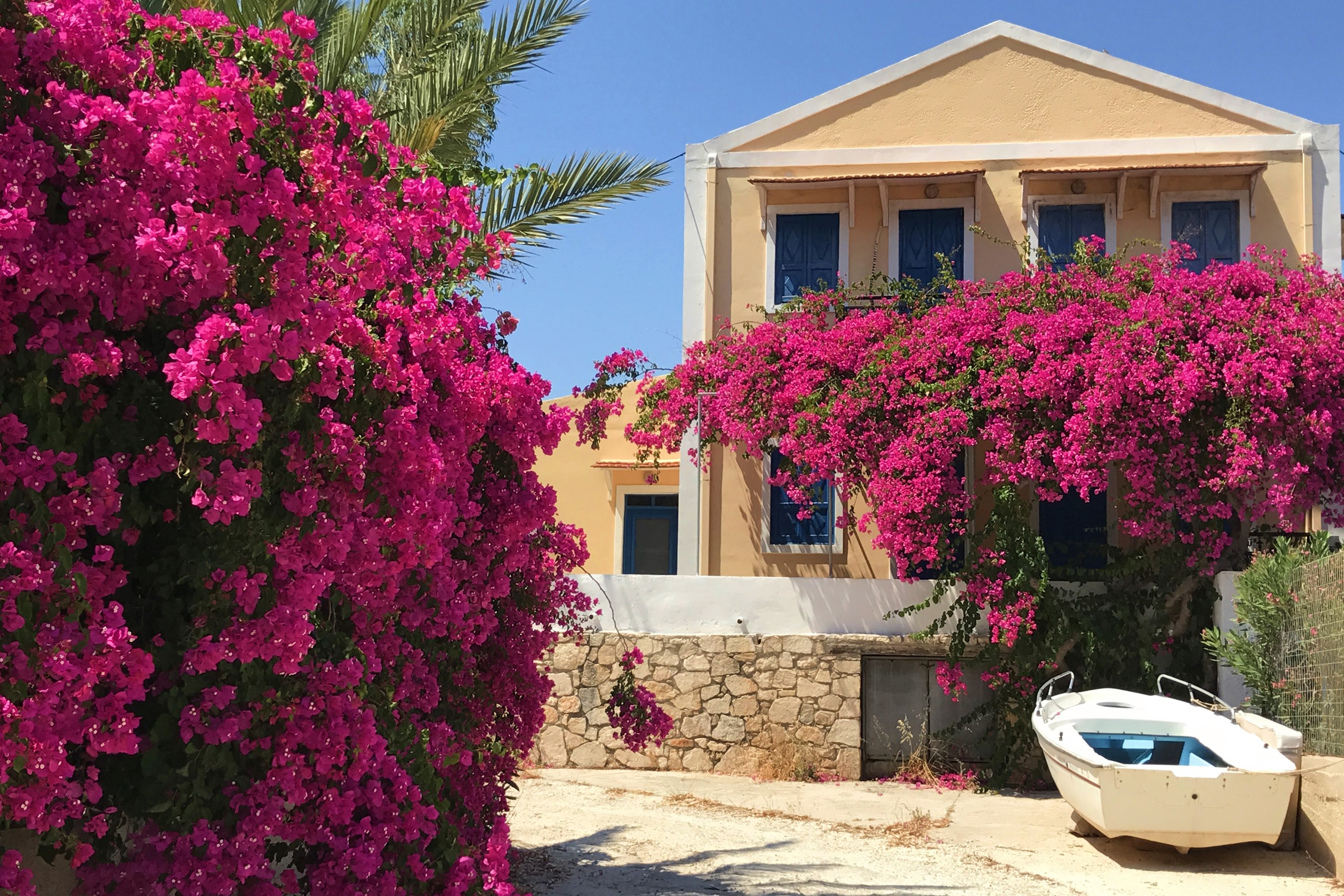 Houses with Bougainvillea and a boat in Greece HD Wallpaper