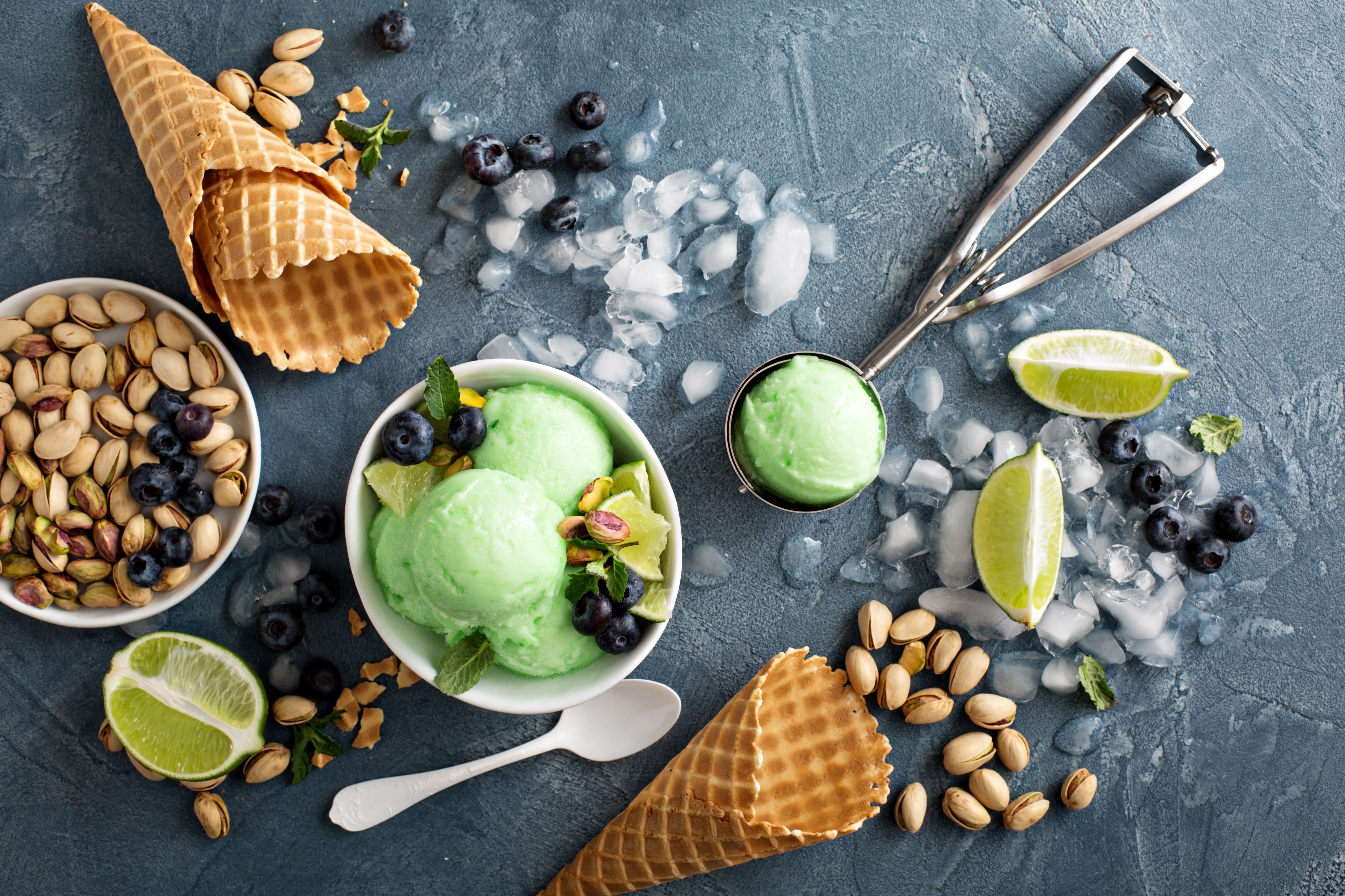 Green ice cream with blueberries, pistachios, and lime HD Wallpaper
