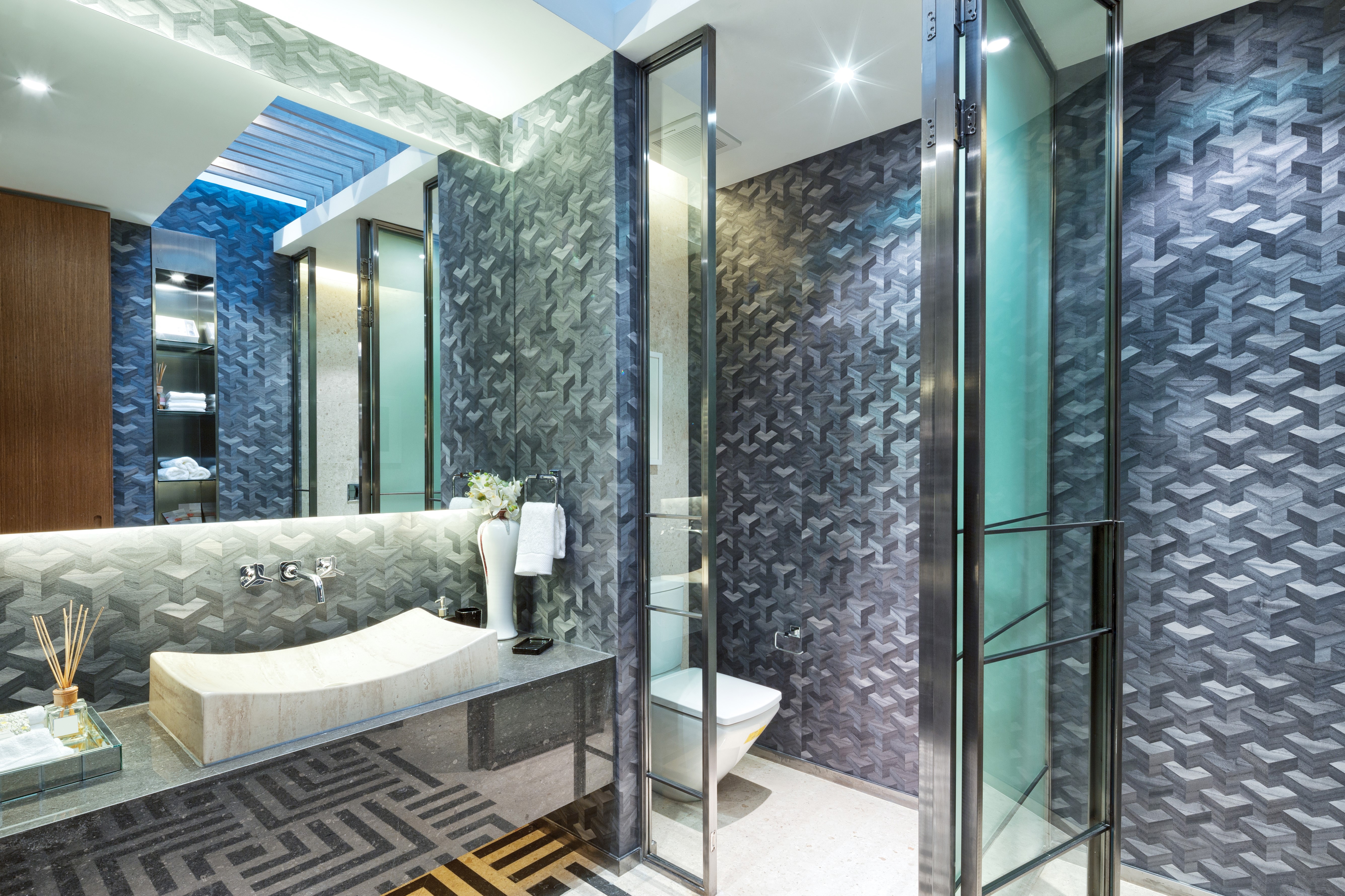 Modern Bathroom with Geometric Tile and Vessel Sink HD Wallpaper