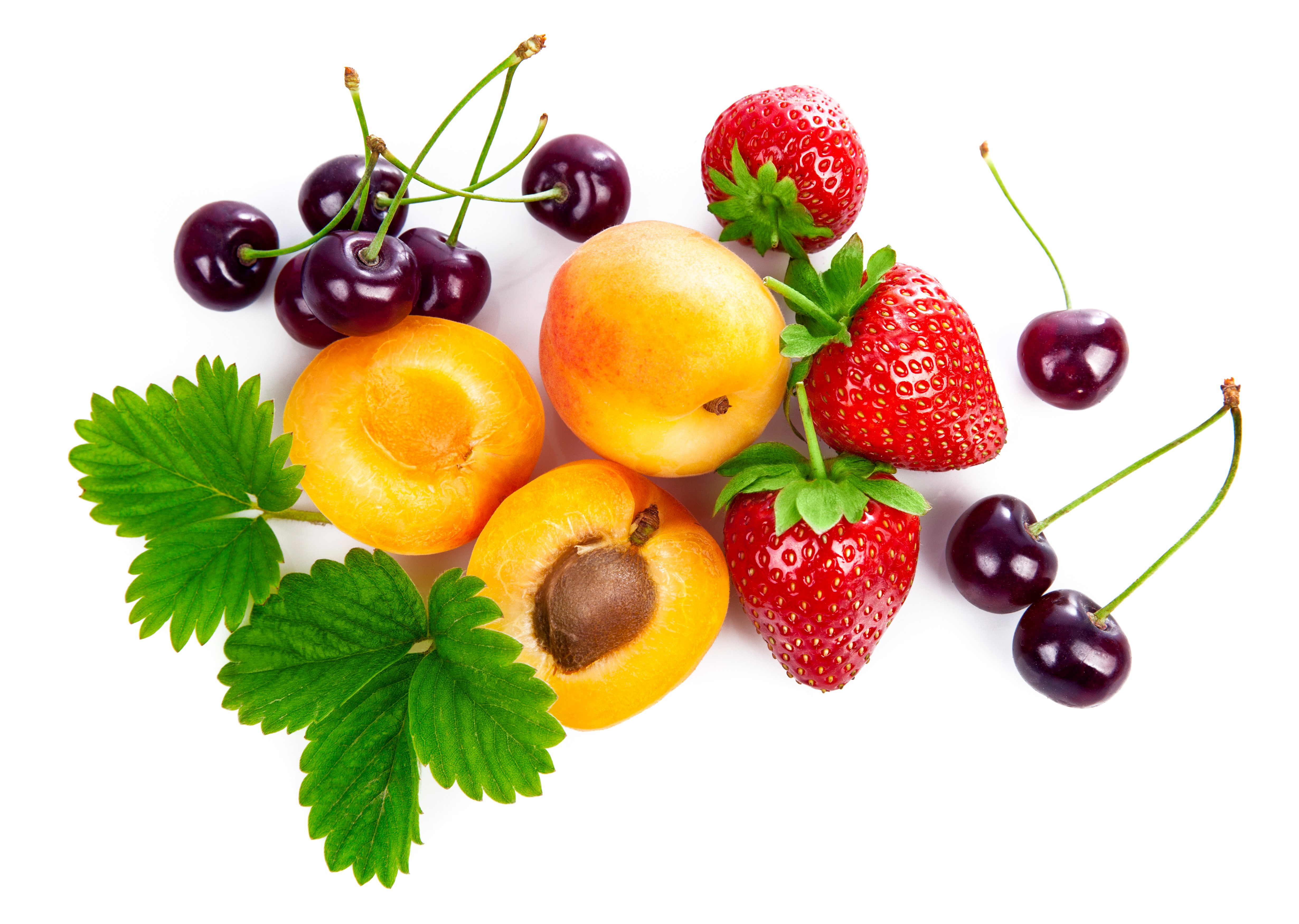 Strawberries, Cherries, and Apricots with Leaves on White Background HD Wallpaper