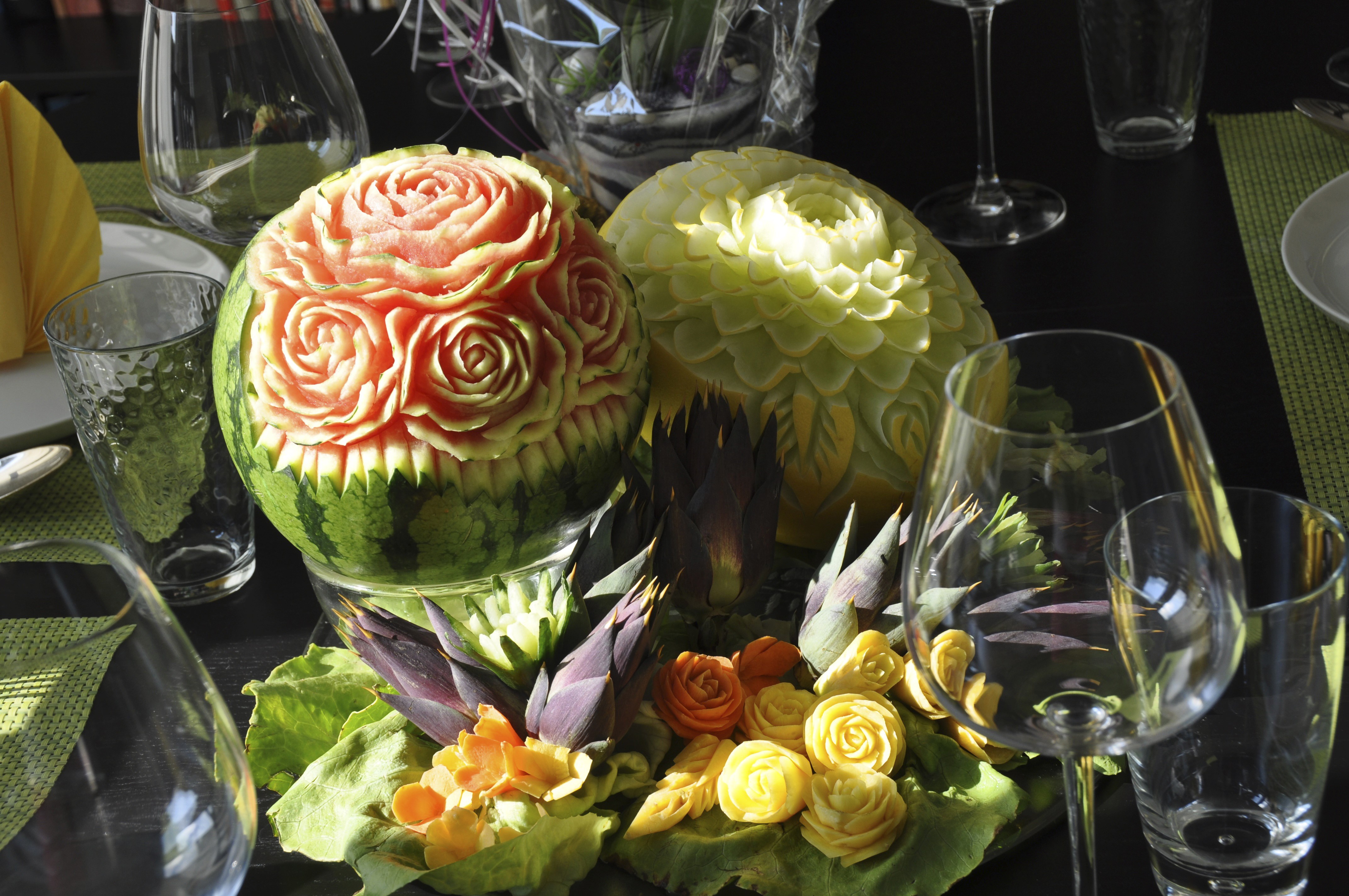 Watermelon and Melon Carvings with Fruit Roses HD Wallpaper