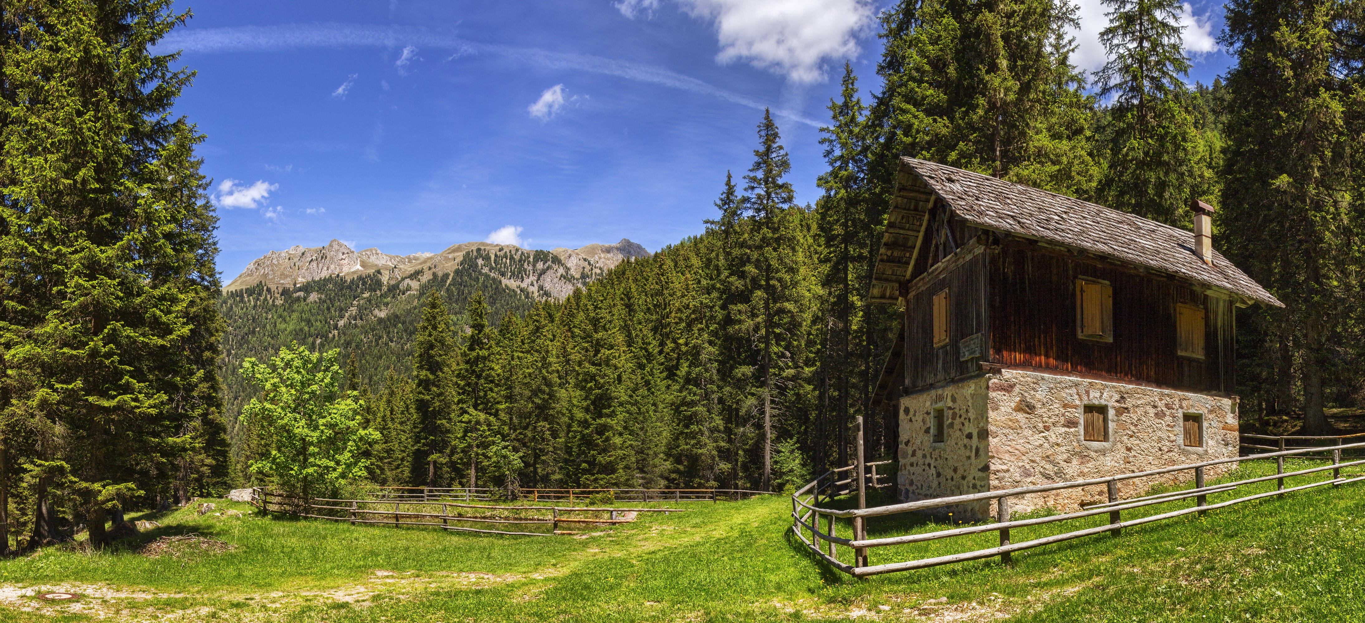Wooden house in a forest with mountains HD Wallpaper