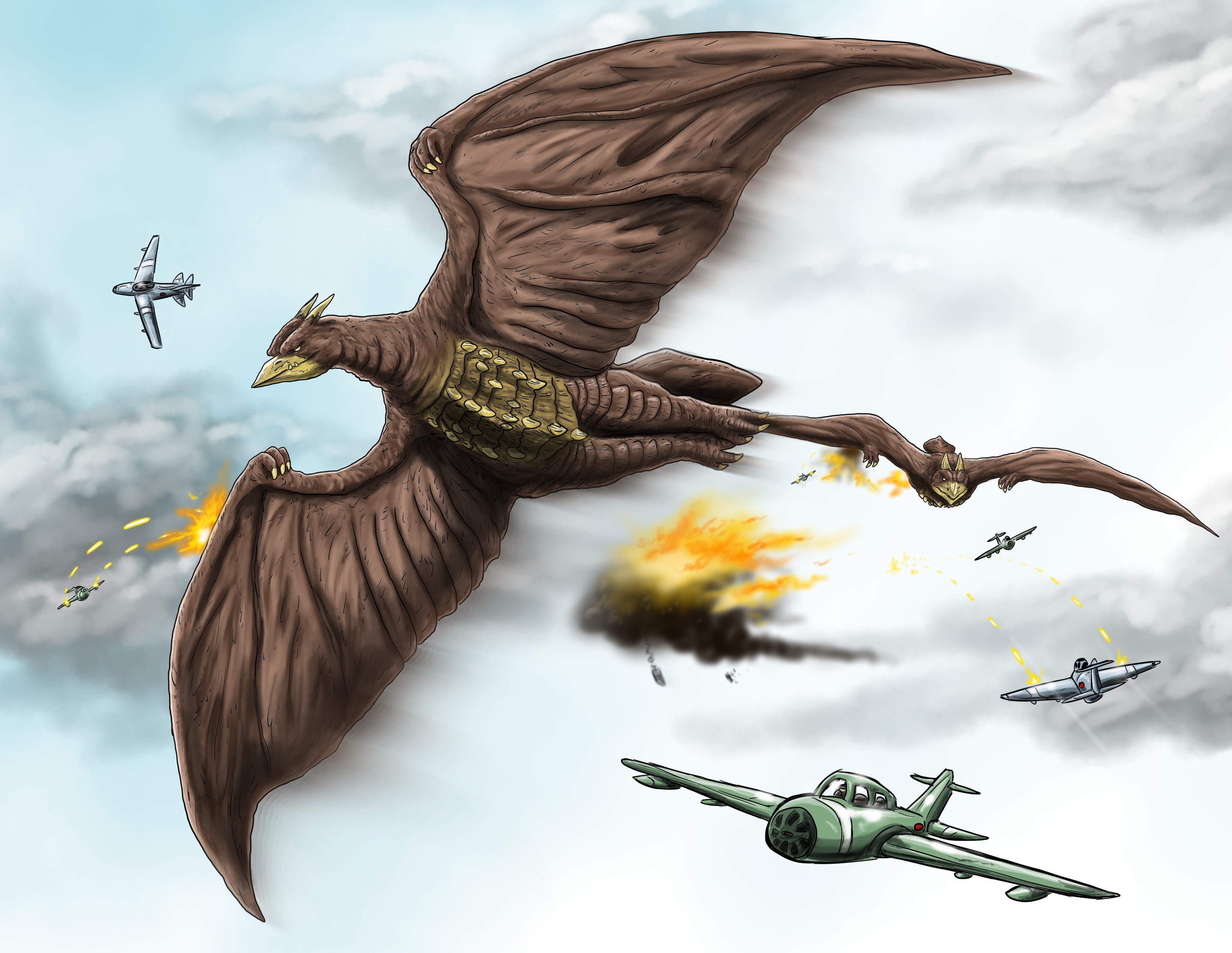 Rodan and fighter planes in the sky HD Wallpaper