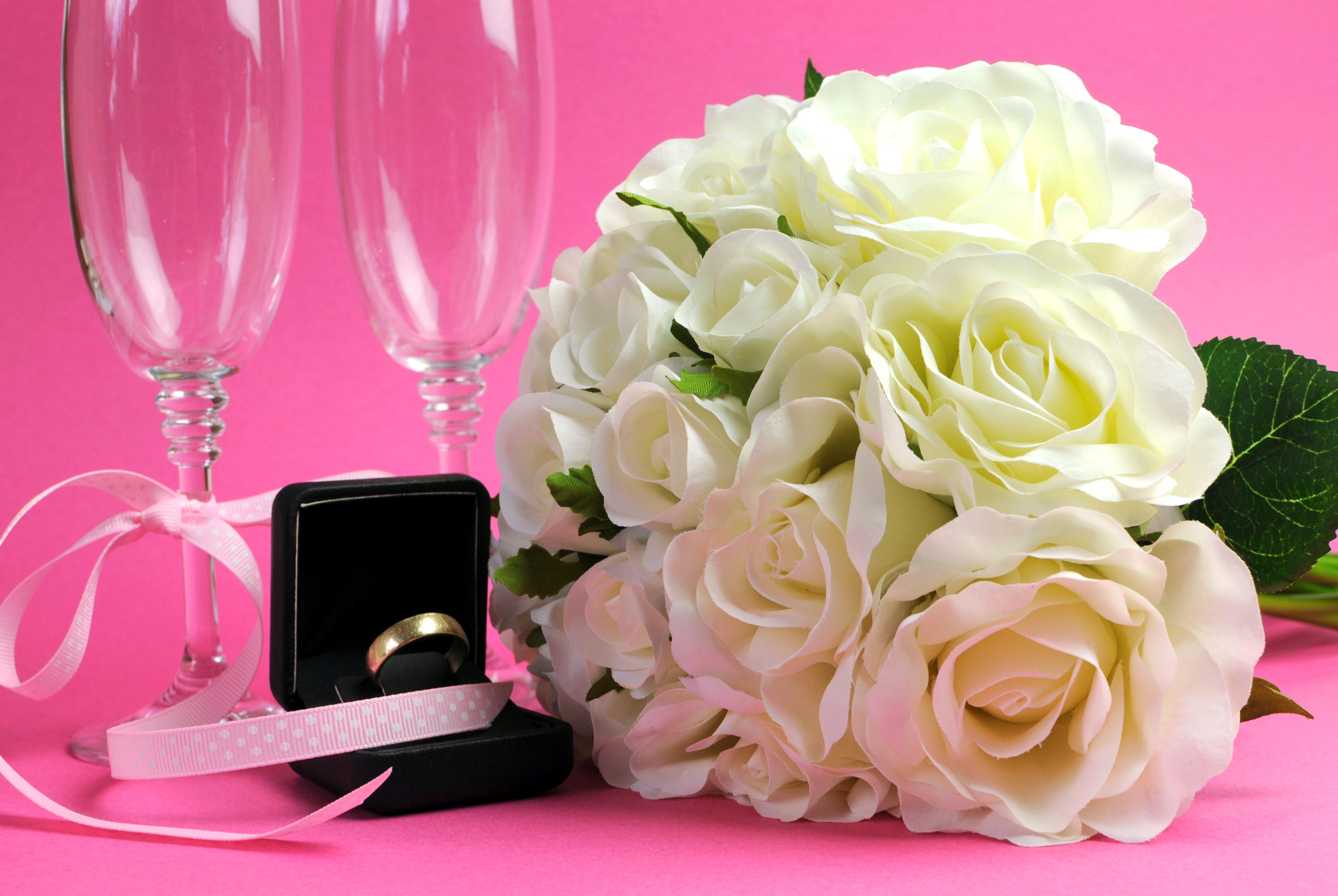 White Roses, Ring, and Champagne Glasses on Pink Background HD Wallpaper