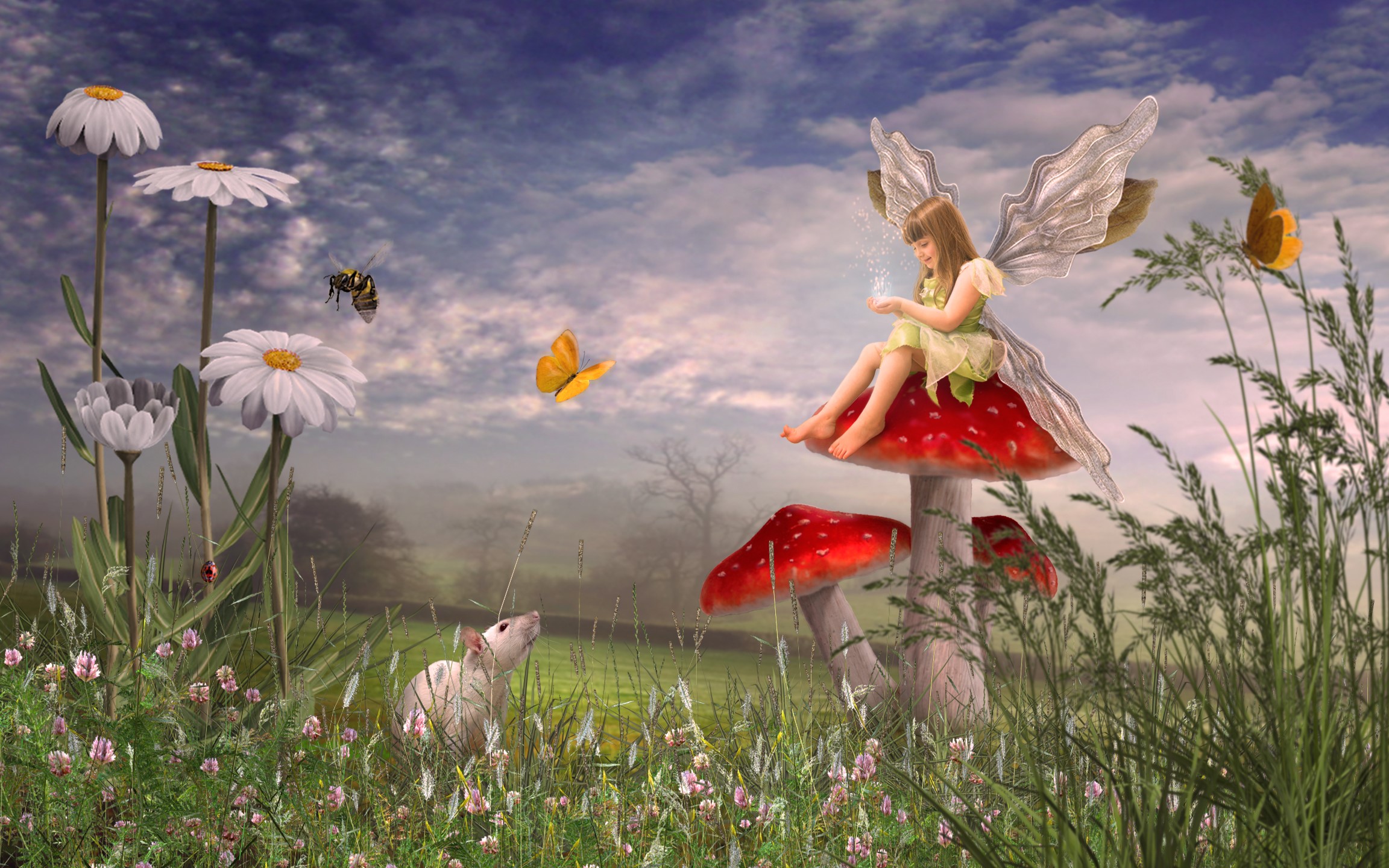 Fairy on Mushroom with Rat and Daisies HD Wallpaper