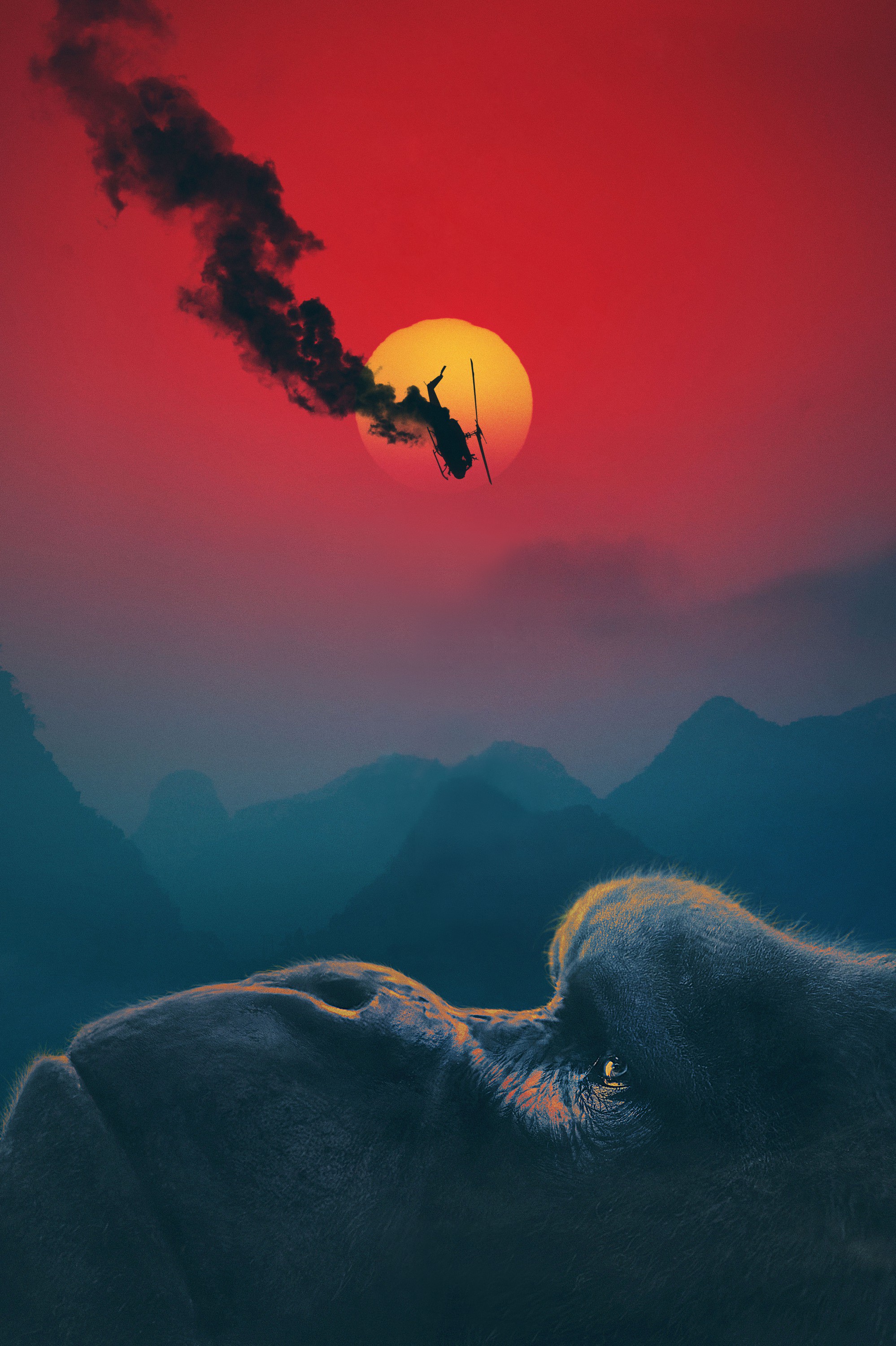 Helicopter crashing into the sun with Kong in the foreground HD Phone Wallpaper