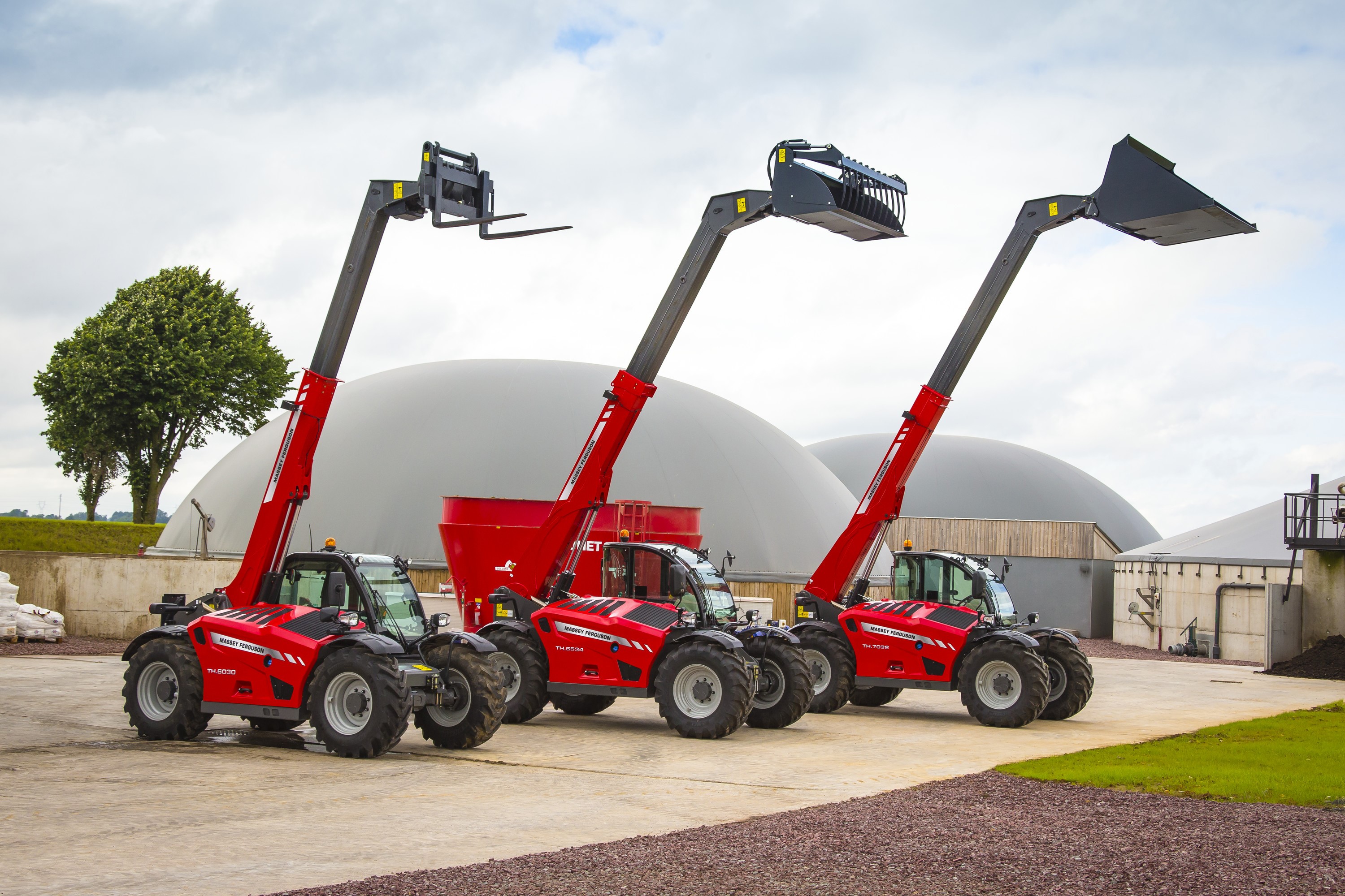 Three Massey Ferguson telehandlers with different attachments HD Wallpaper