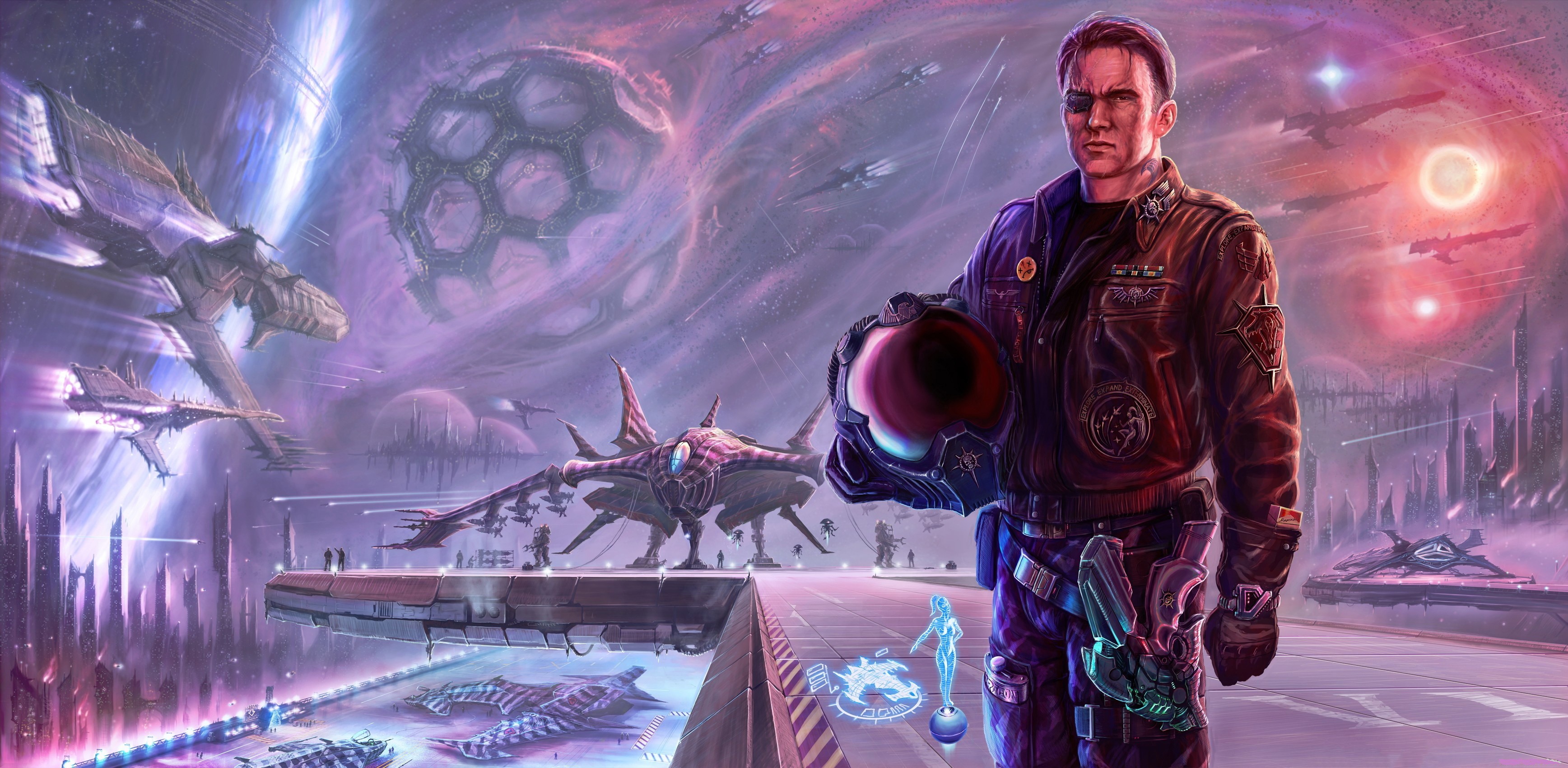 Man in futuristic armor with starships and alien city HD Wallpaper