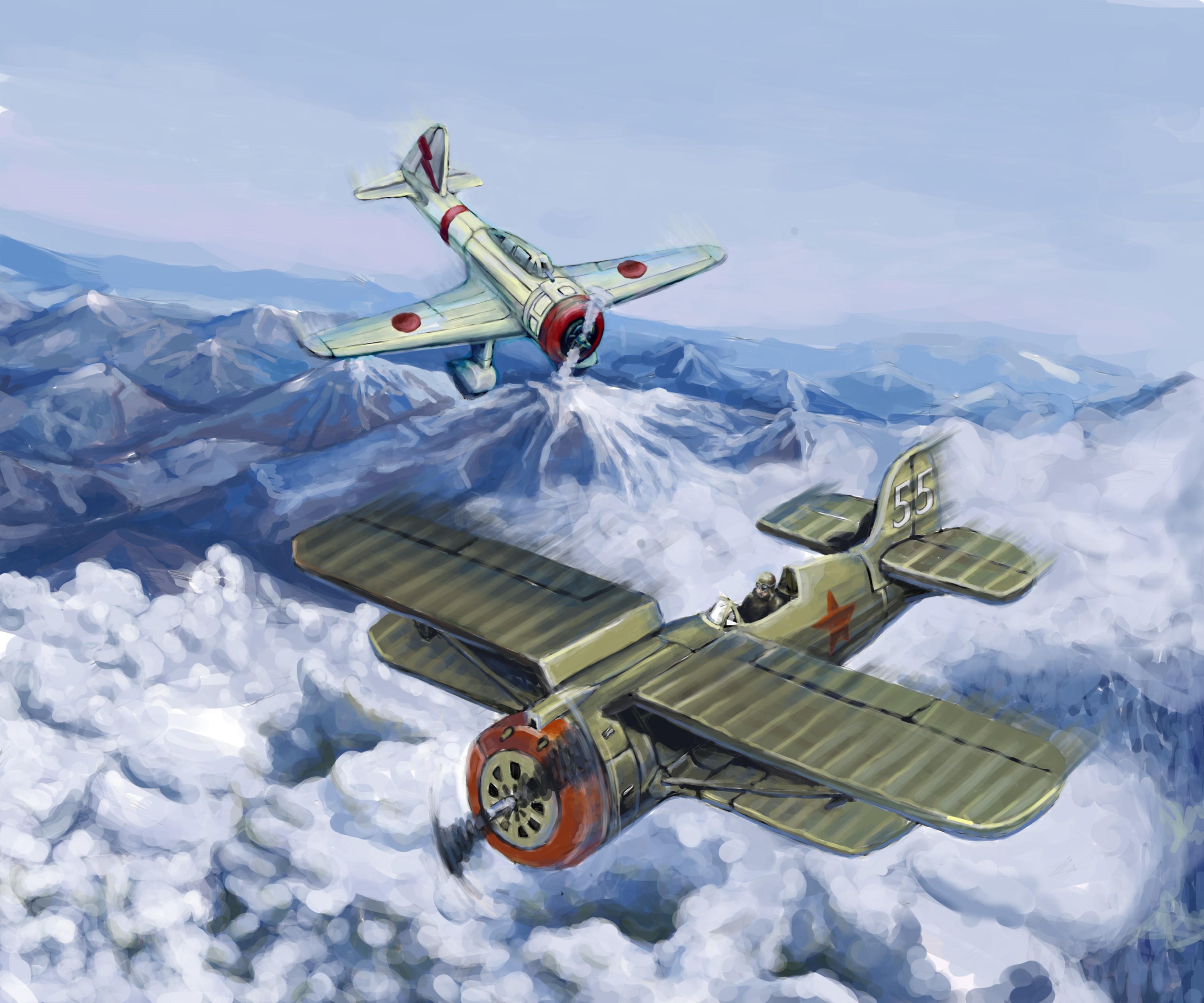 Two biplanes flying over mountains and clouds HD Wallpaper