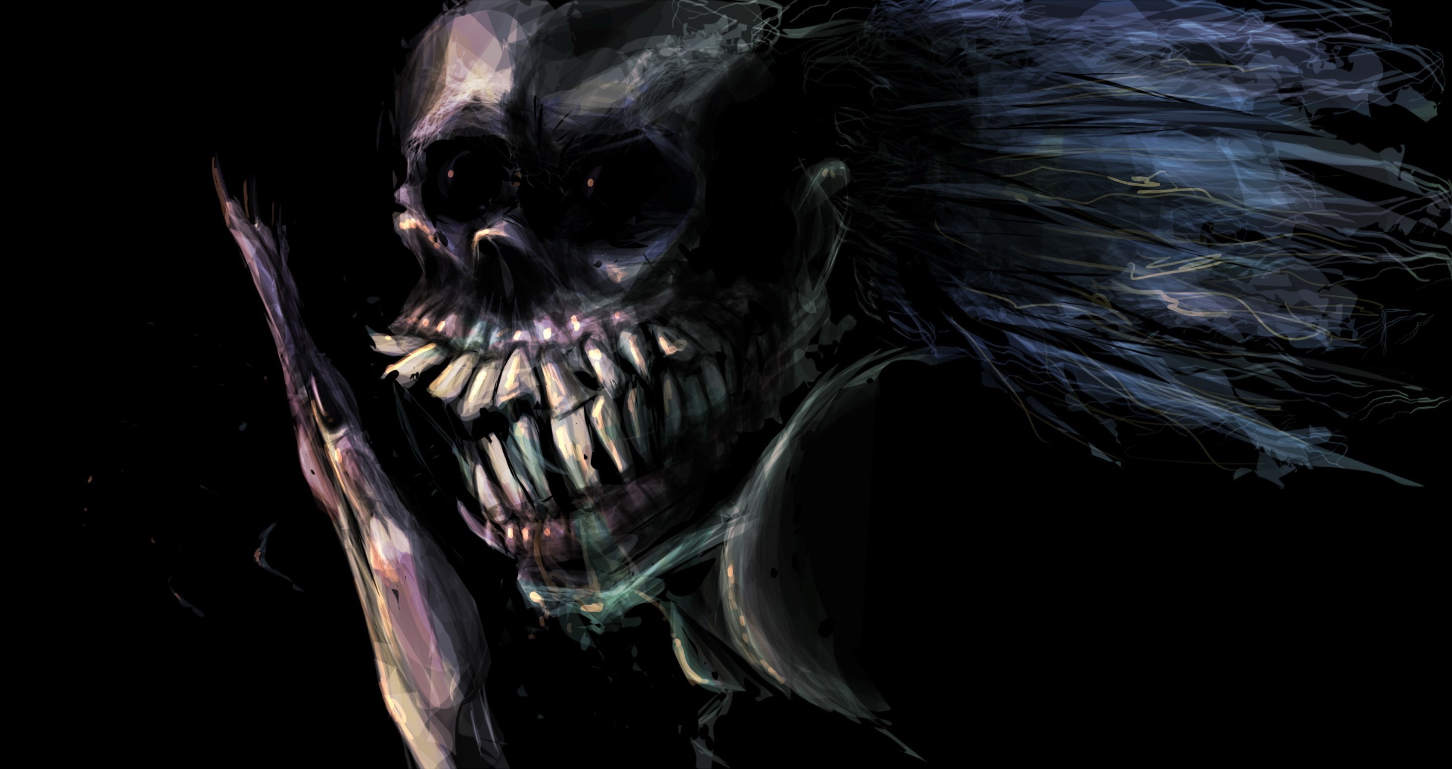 Monster with sharp teeth and flowing hair on black background HD Wallpaper