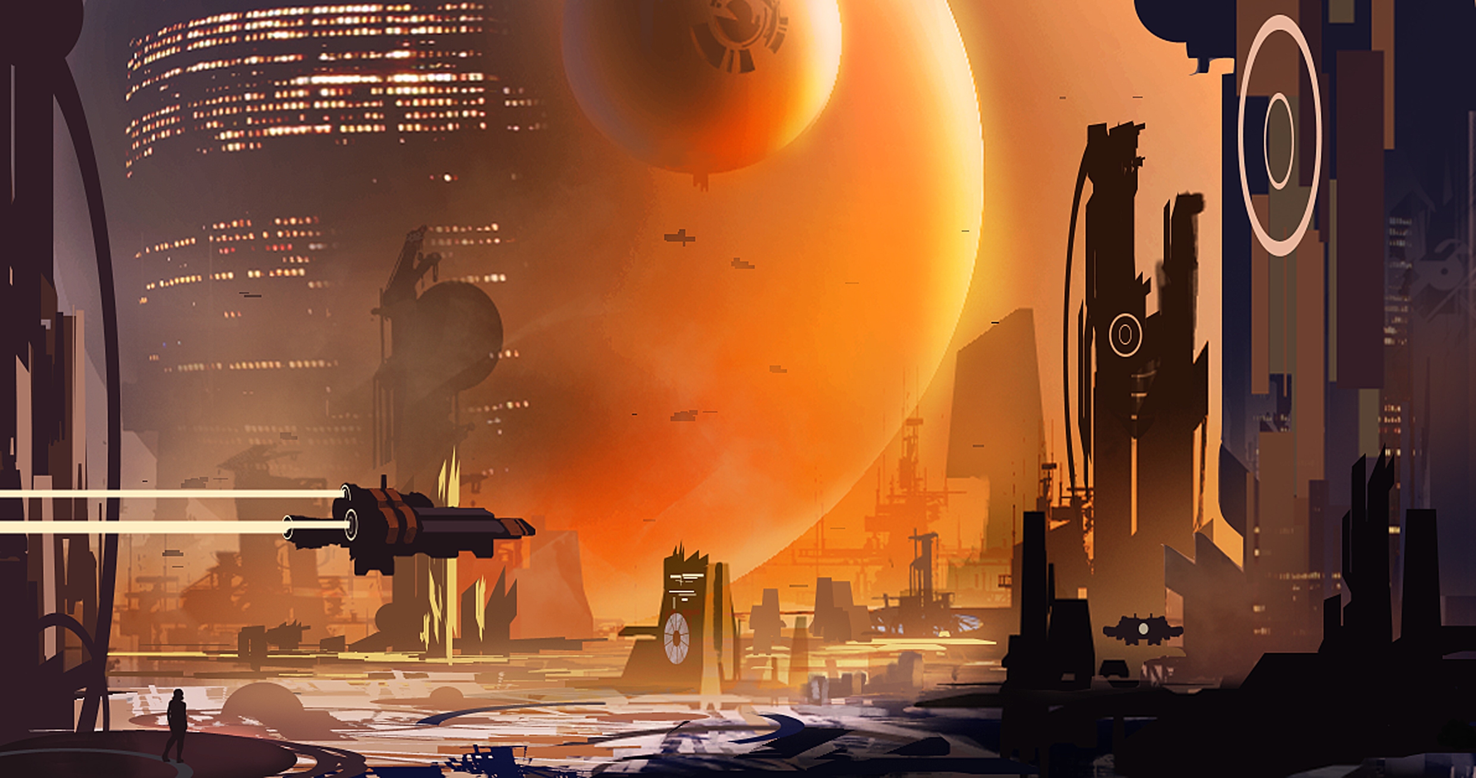 Futuristic city with large planets in the sky HD Wallpaper