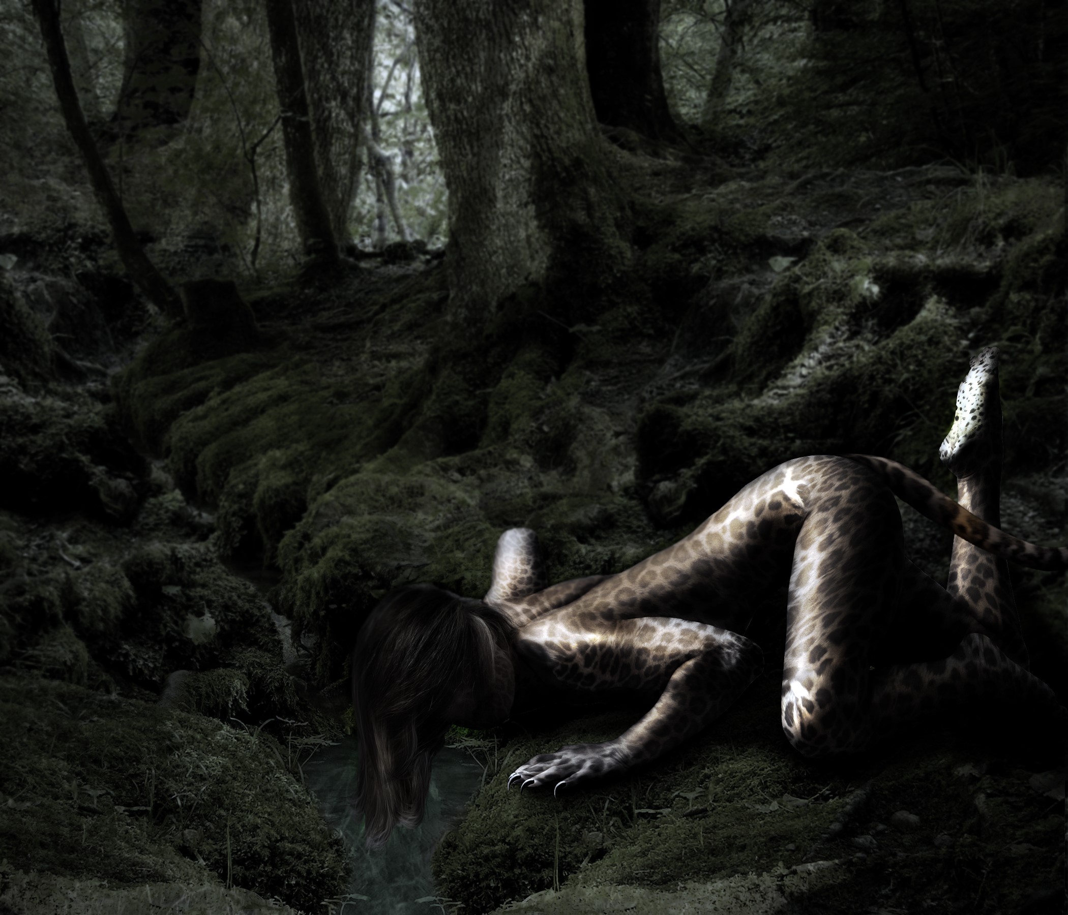 Woman with giraffe pattern in a dark forest HD Wallpaper