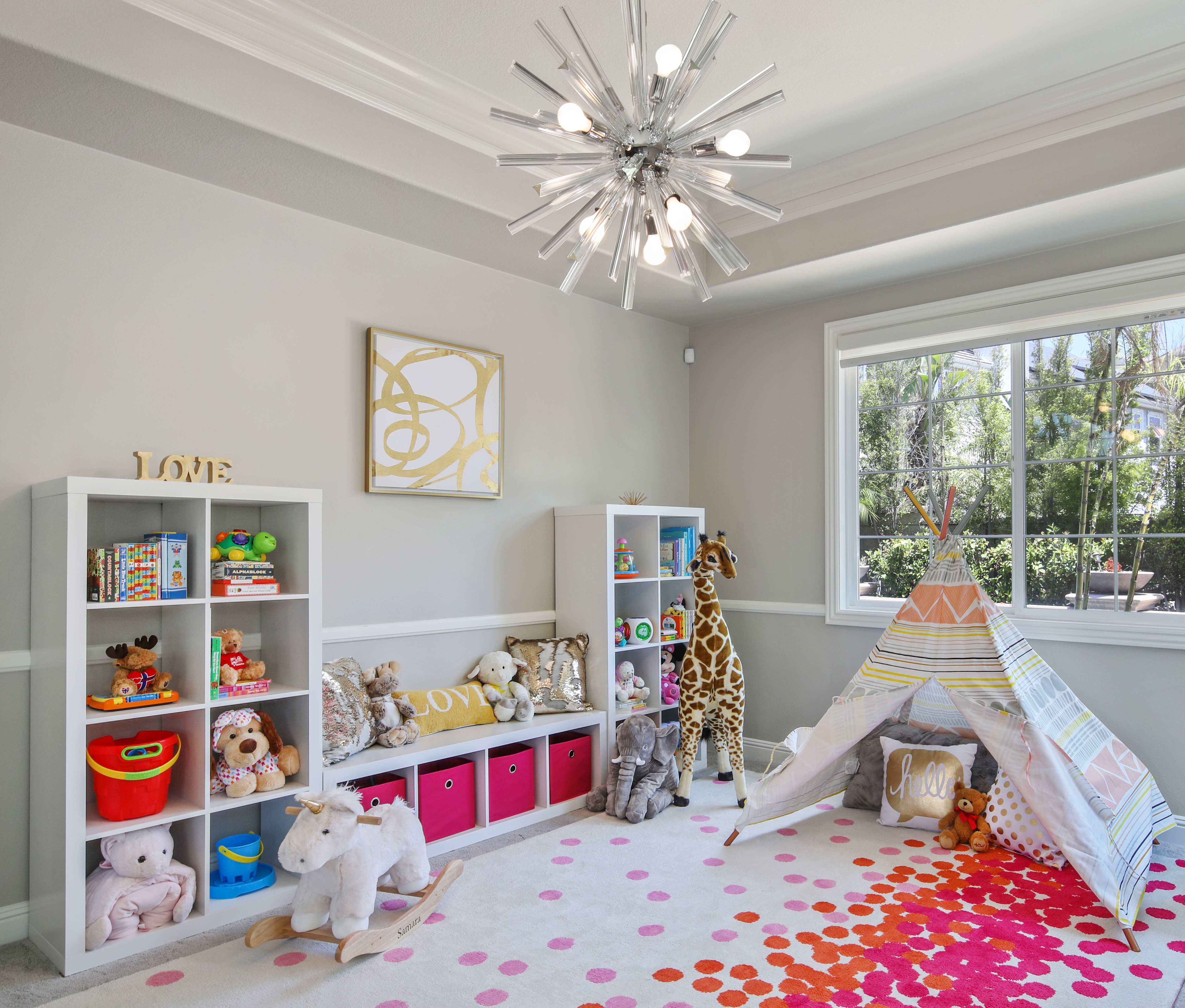 Children's room interior design with toys and chandelier HD Wallpaper