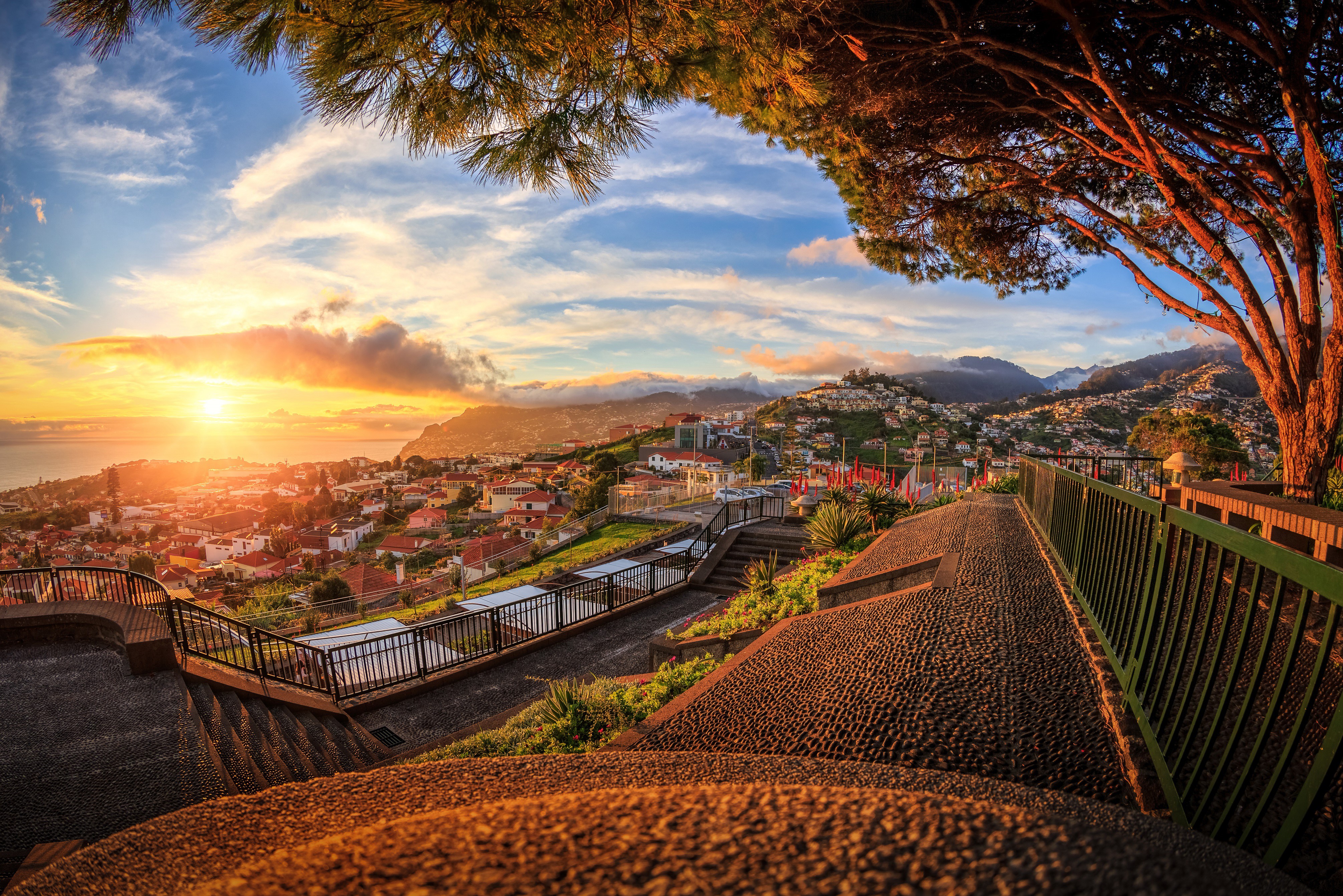 4K Madeira Portugal Houses Fence Clouds Sunset HD Wallpaper
