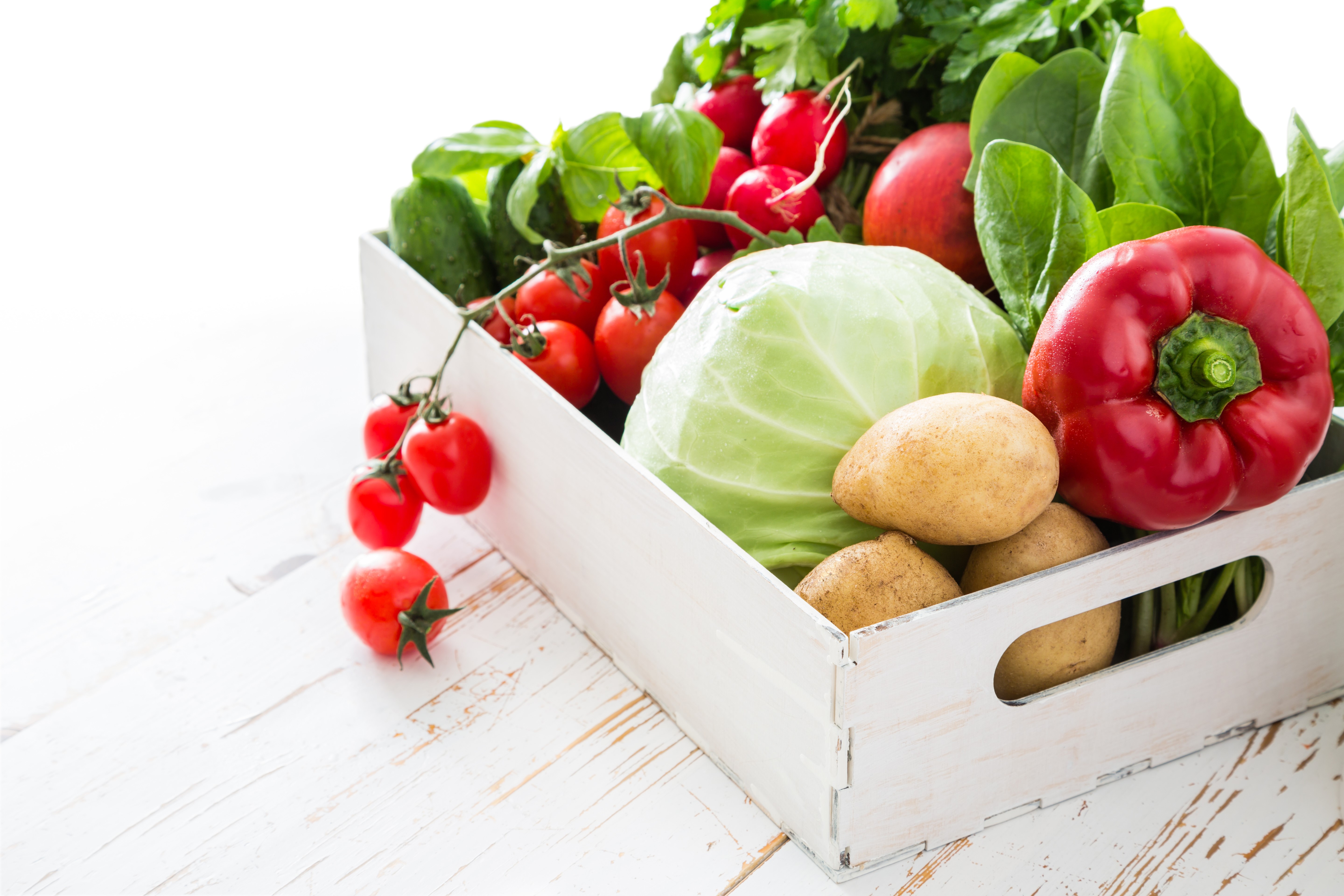 Vegetables in a wooden crate: Bell pepper, potato, tomatoes, cabbage HD Wallpaper