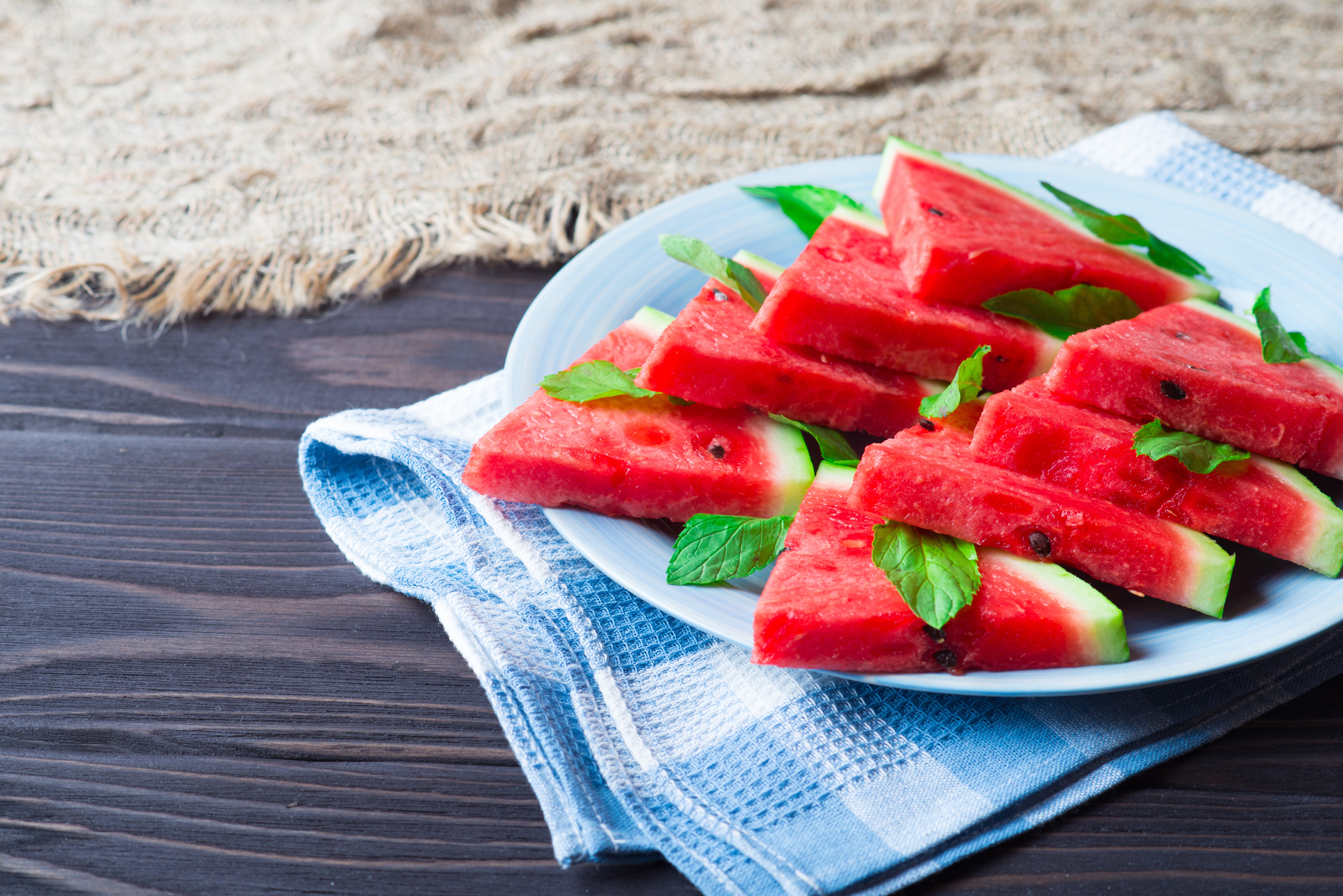 Watermelon slices on a plate with mint HD Wallpaper