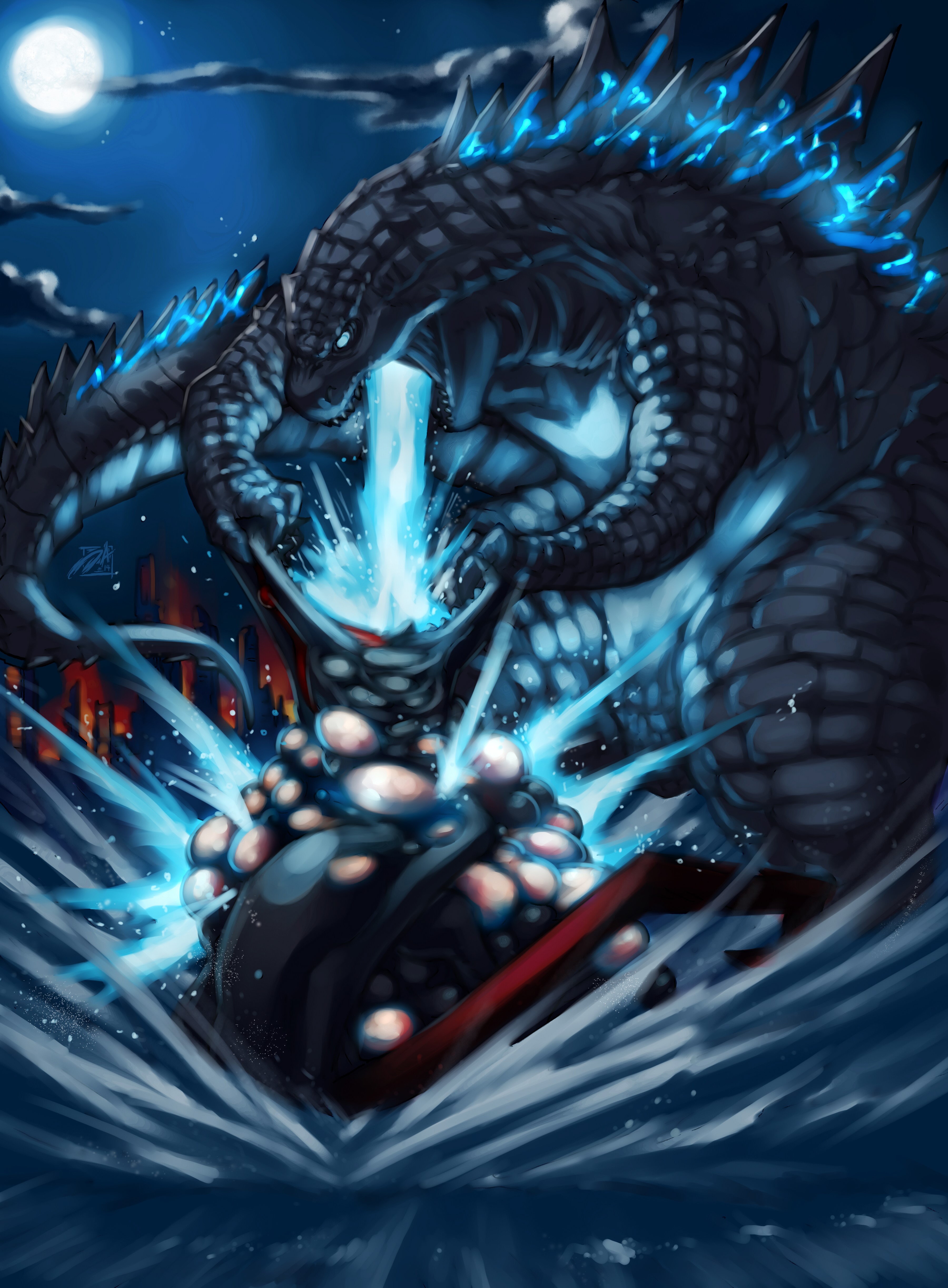 Godzilla battling a monster at night HD Phone Wallpaper