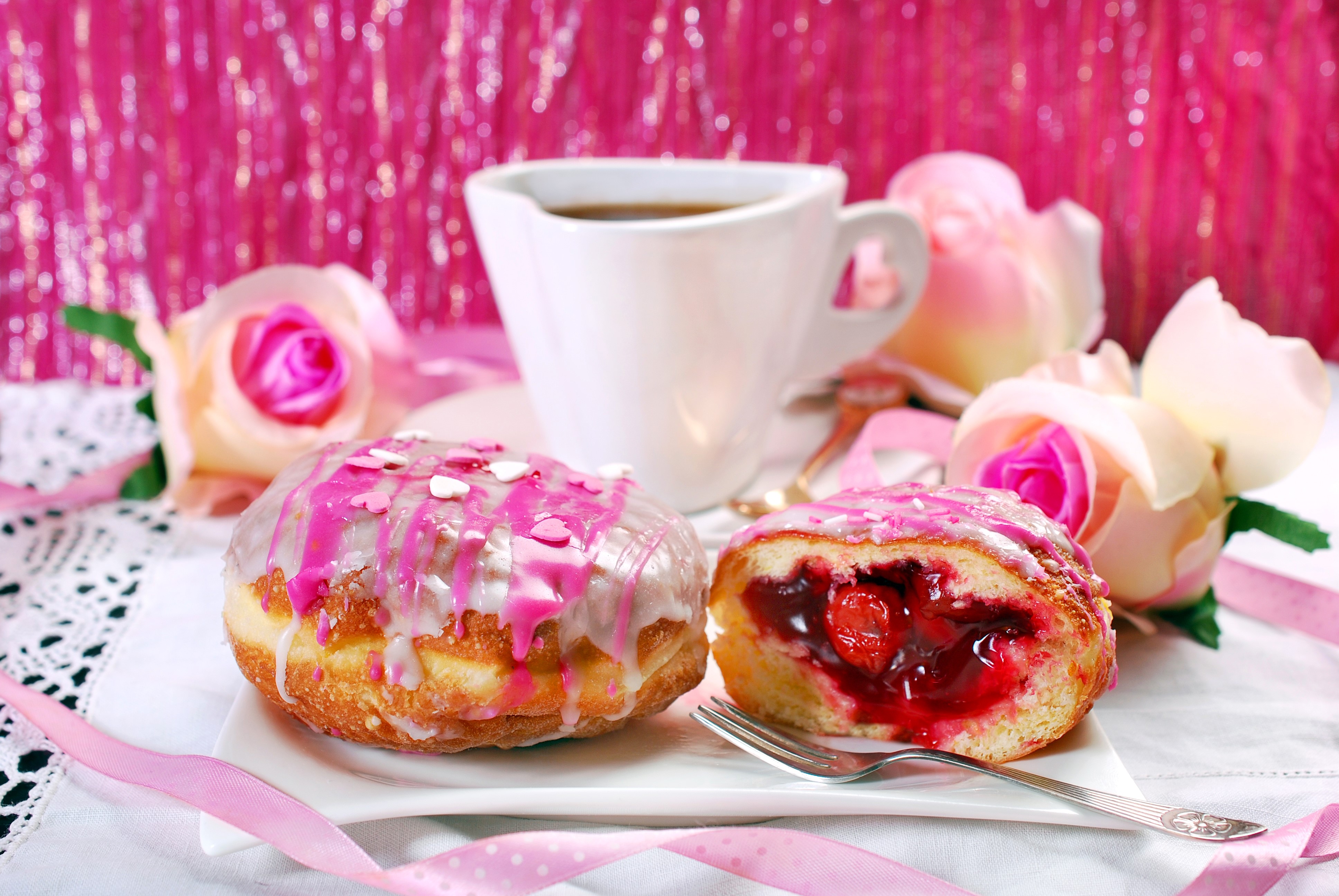 4K Coffee and Donuts with Roses HD Wallpaper