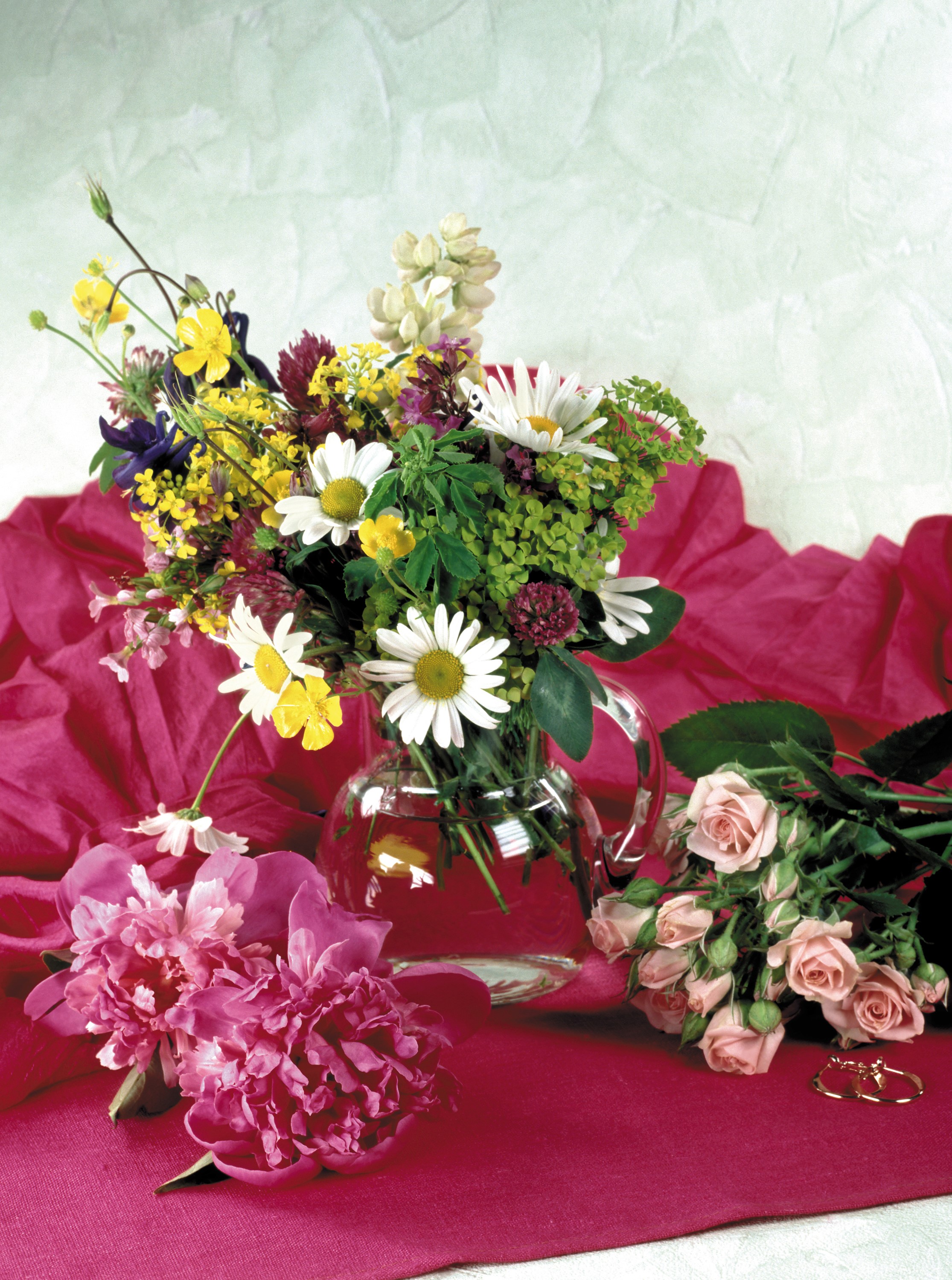 Bouquet of wildflowers, peonies, roses, and rings in a vase HD Phone Wallpaper