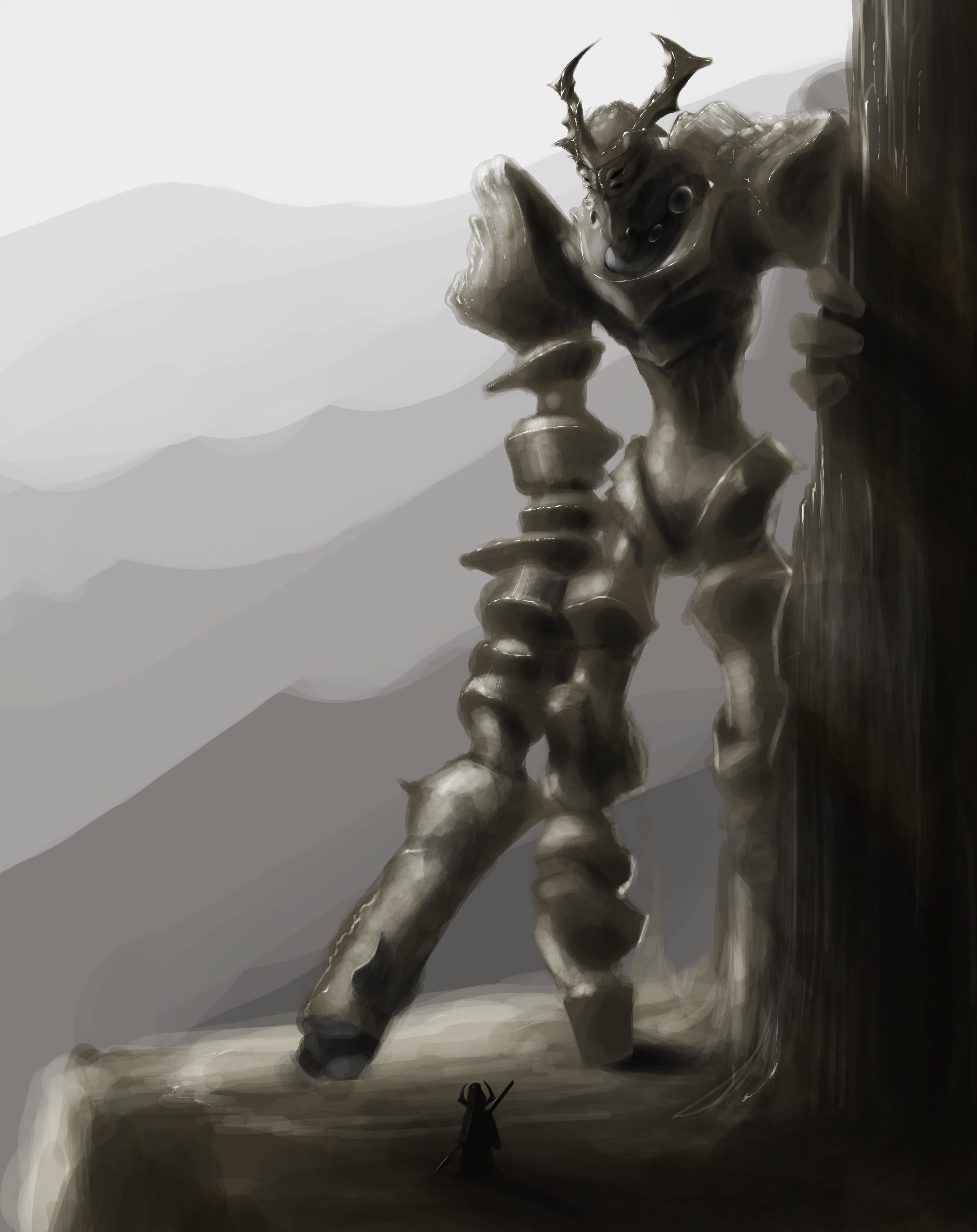 Giant armored monster and warrior HD Phone Wallpaper
