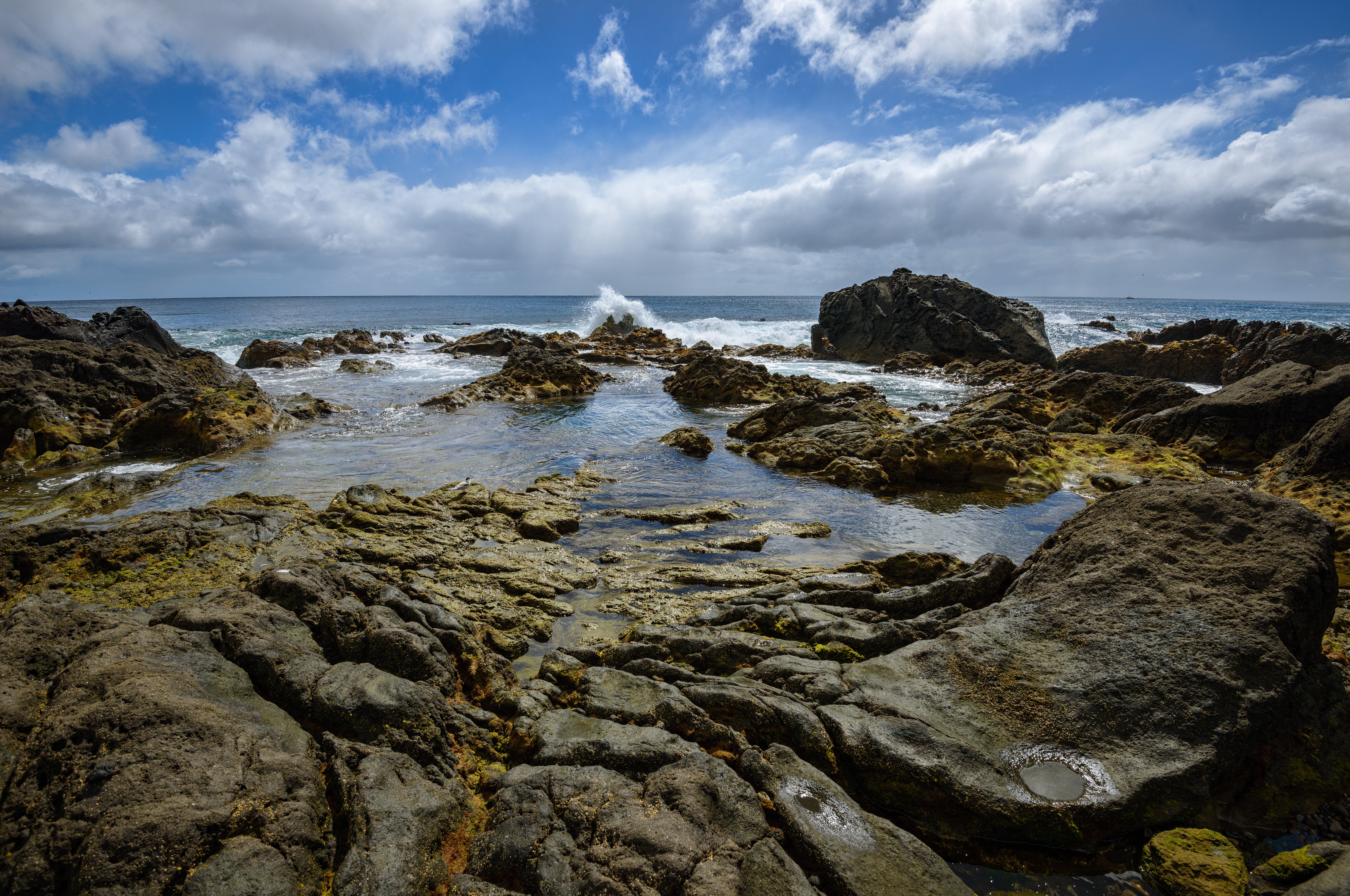 Rocky Coastline with Waves Under Cloudy Sky HD Wallpaper