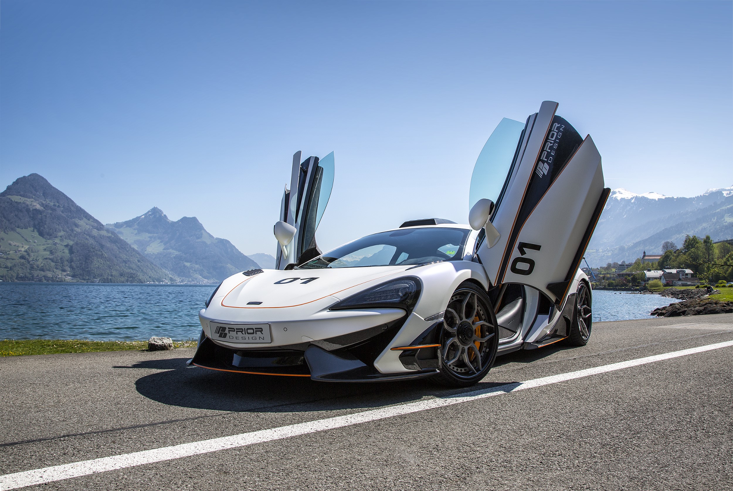 White McLaren 570S PD1 with opened doors by Prior-Design HD Wallpaper