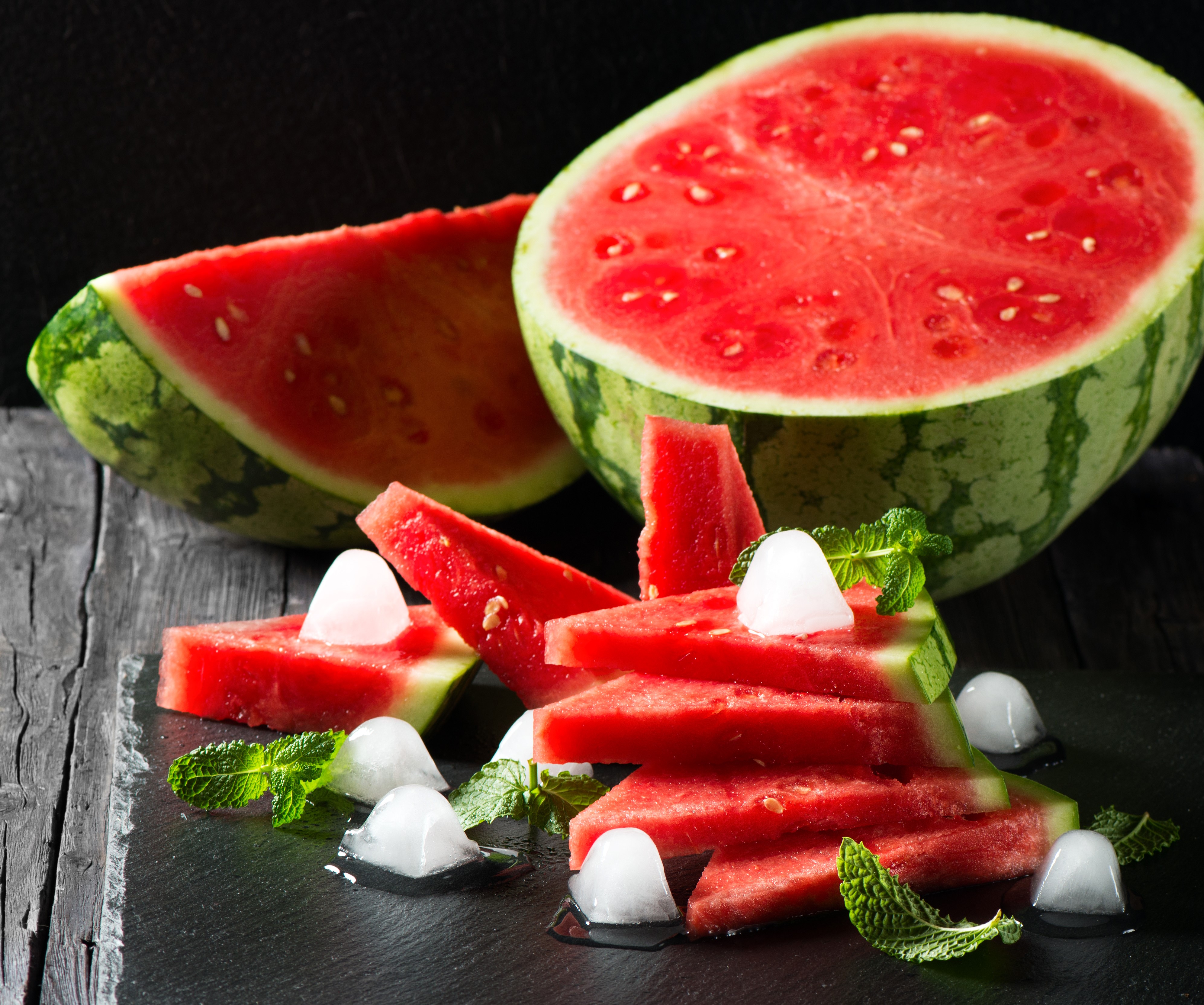 Watermelon slices with ice and mint HD Wallpaper