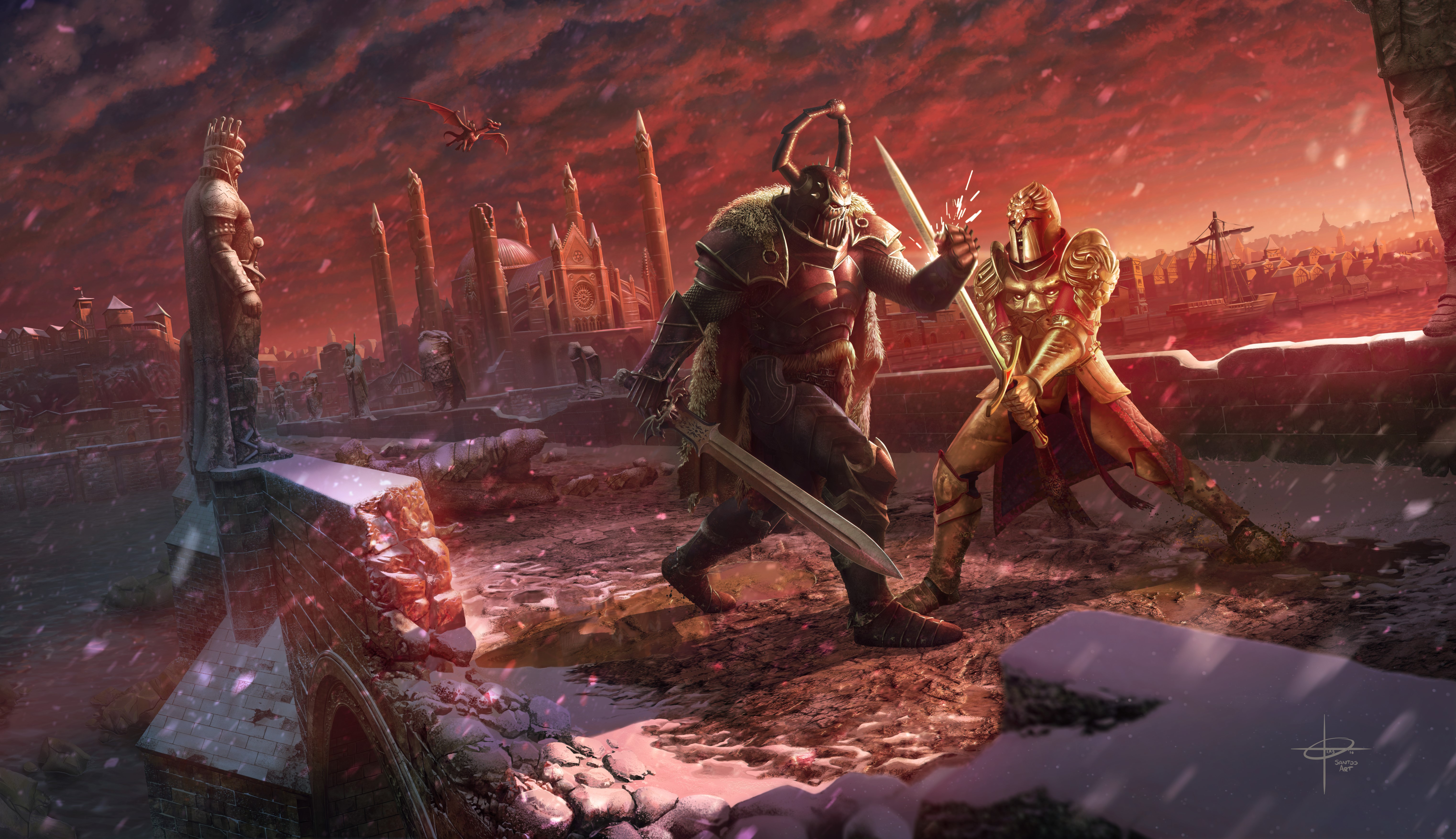 Two warriors fighting on a bridge with a city in the background HD Wallpaper