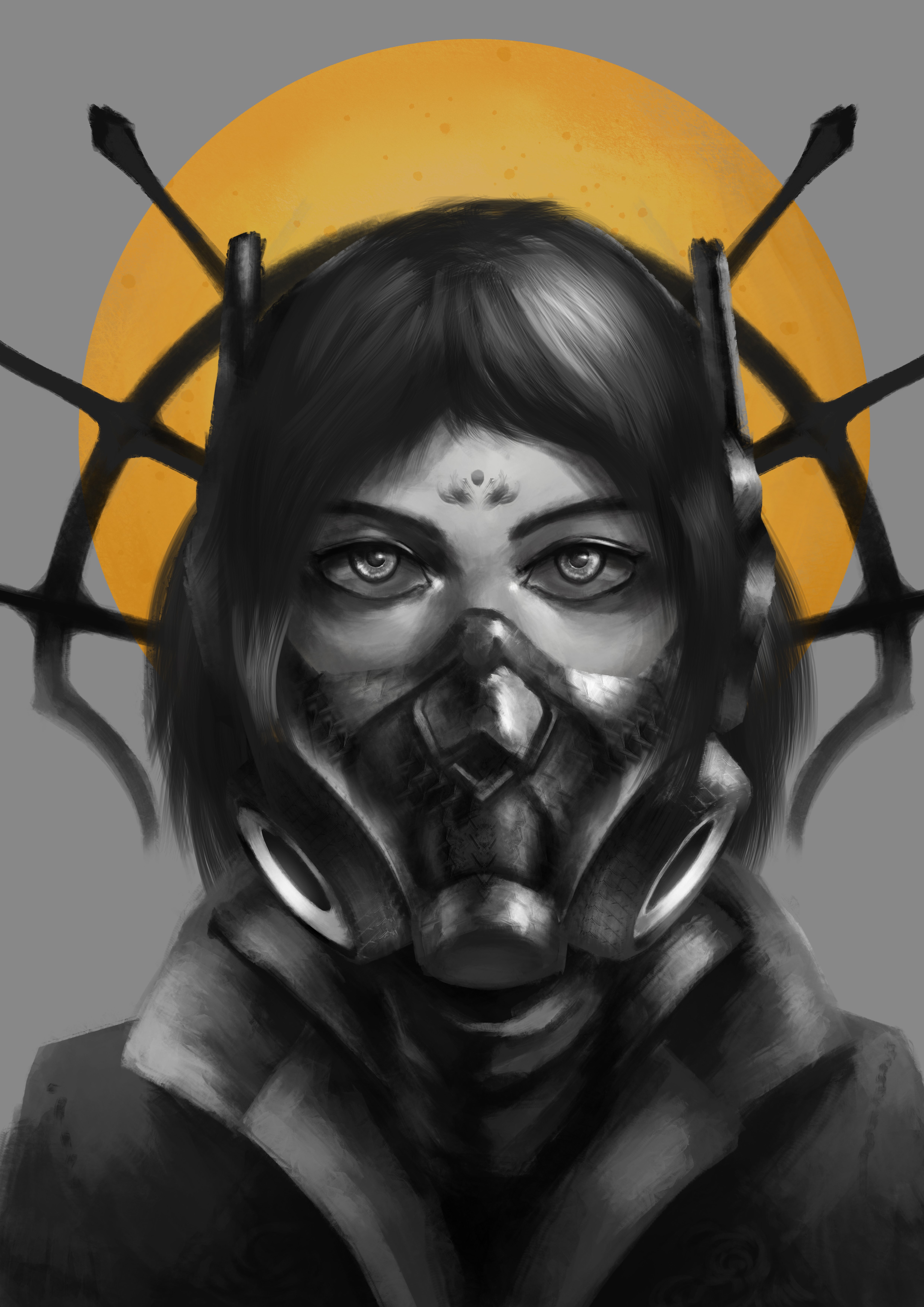 Woman with gas mask and halo HD Phone Wallpaper